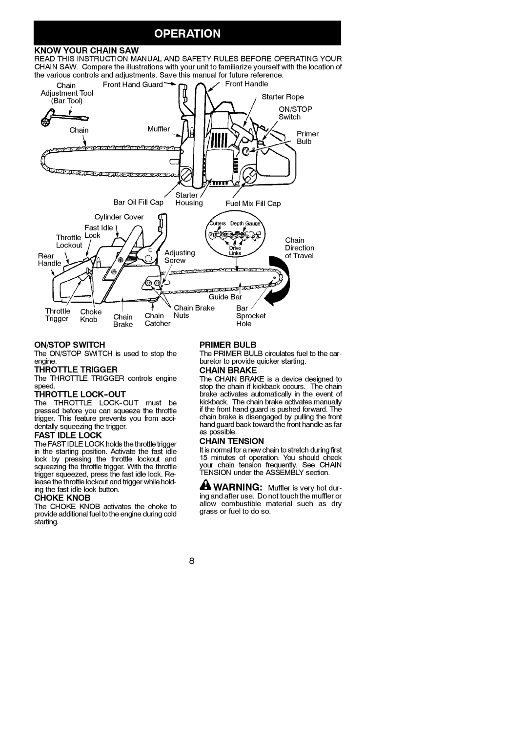 Poulan 545001484 Know Your Chain SAW, ON/STOP Switch, Throttle Trigger, Throttle LOCK-OUT, Fast Idle Lock, Choke Knob 