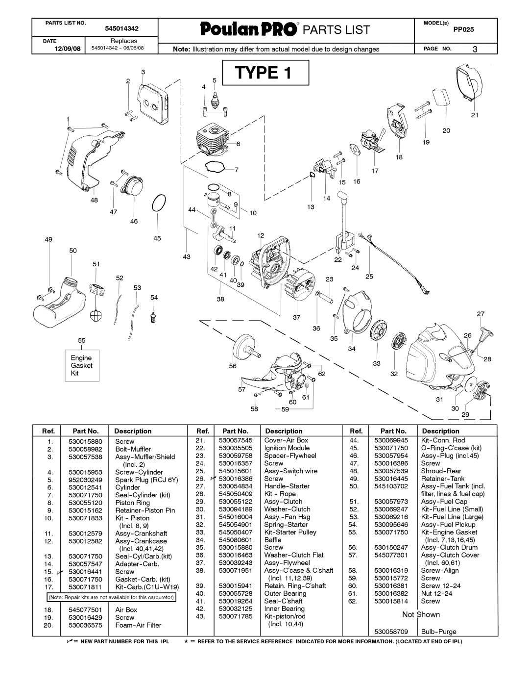 Poulan 545014342 manual Ref. Part No. Description, Kit--piston/rod Incl ,44 530058709 Bulb--Purge 