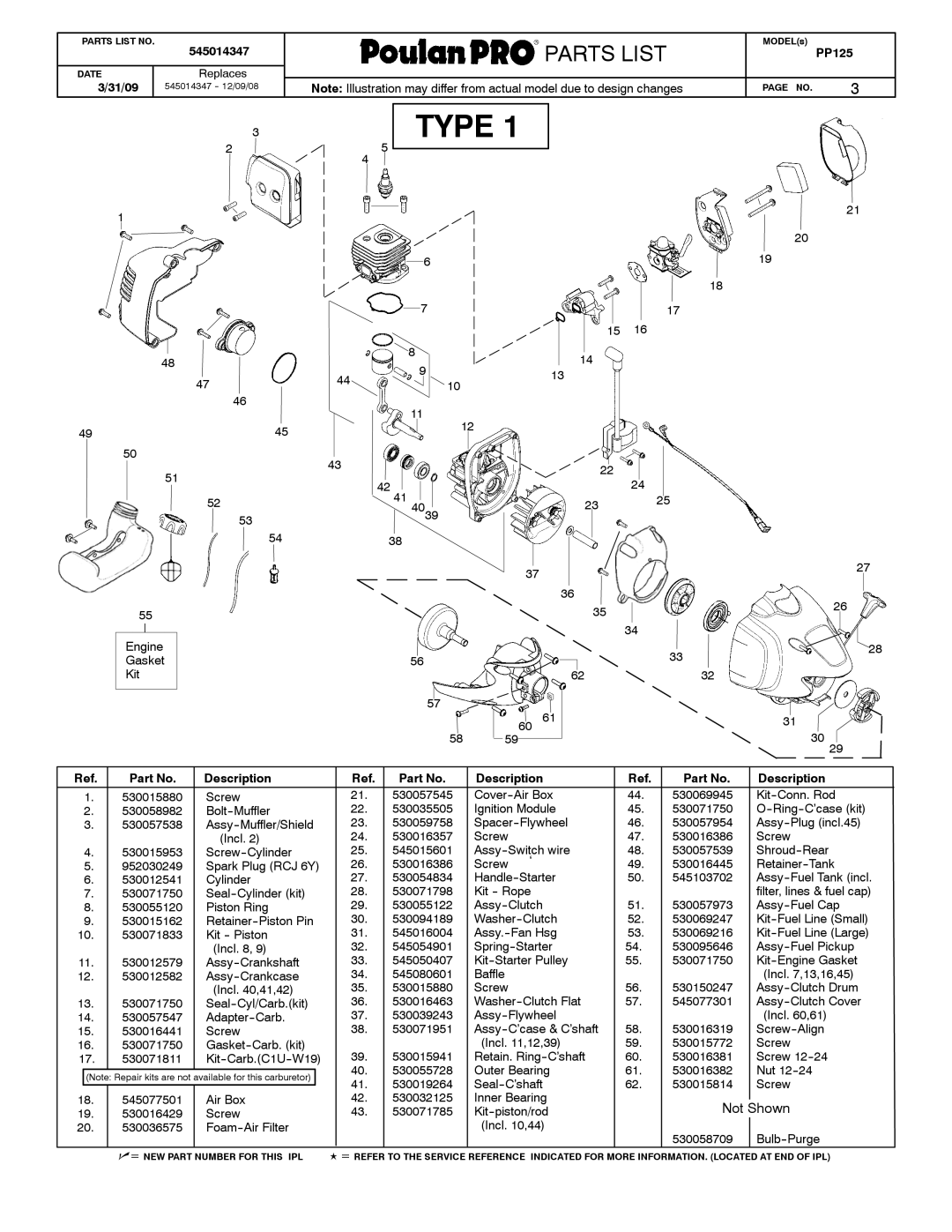 Poulan 545014347 manual Ref. Part No. Description, Kit--piston/rod Incl ,44 530058709 Bulb--Purge 