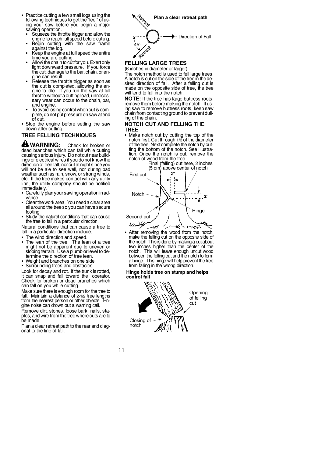 Poulan 545047502 instruction manual Tree Felling Techniques, Felling Large Trees, Notch CUT and Felling the Tree 