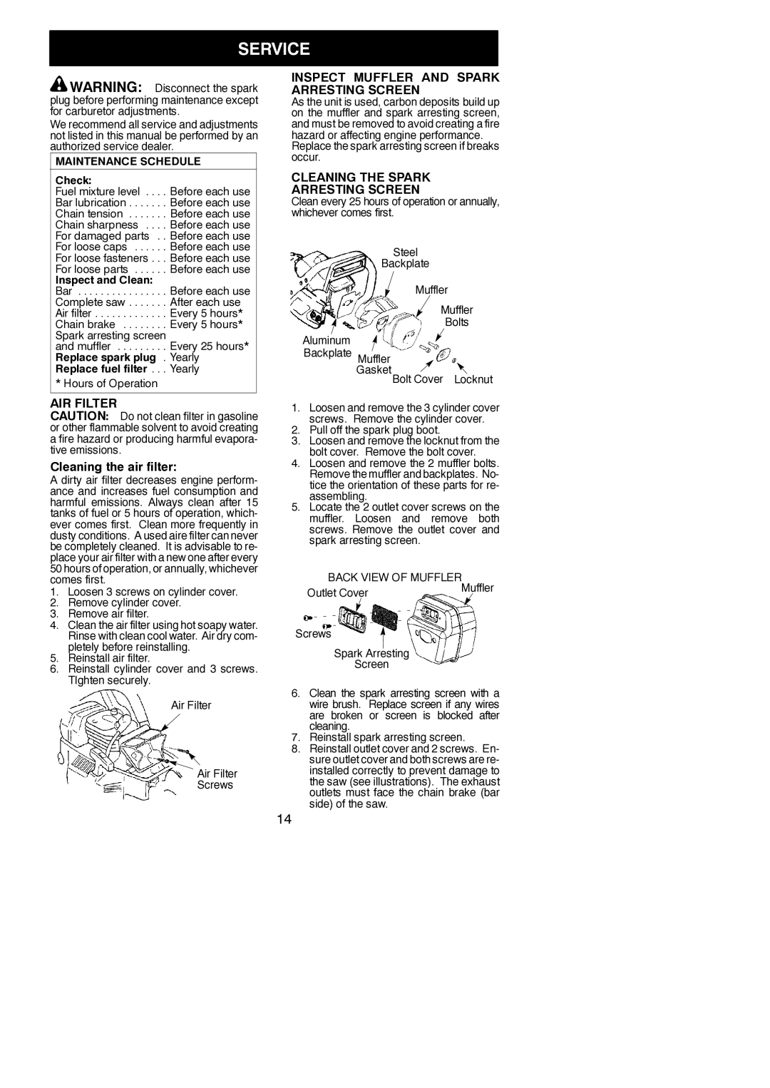 Poulan 545047502 Service, AIR Filter, Cleaning the air filter, Inspect Muffler and Spark Arresting Screen 