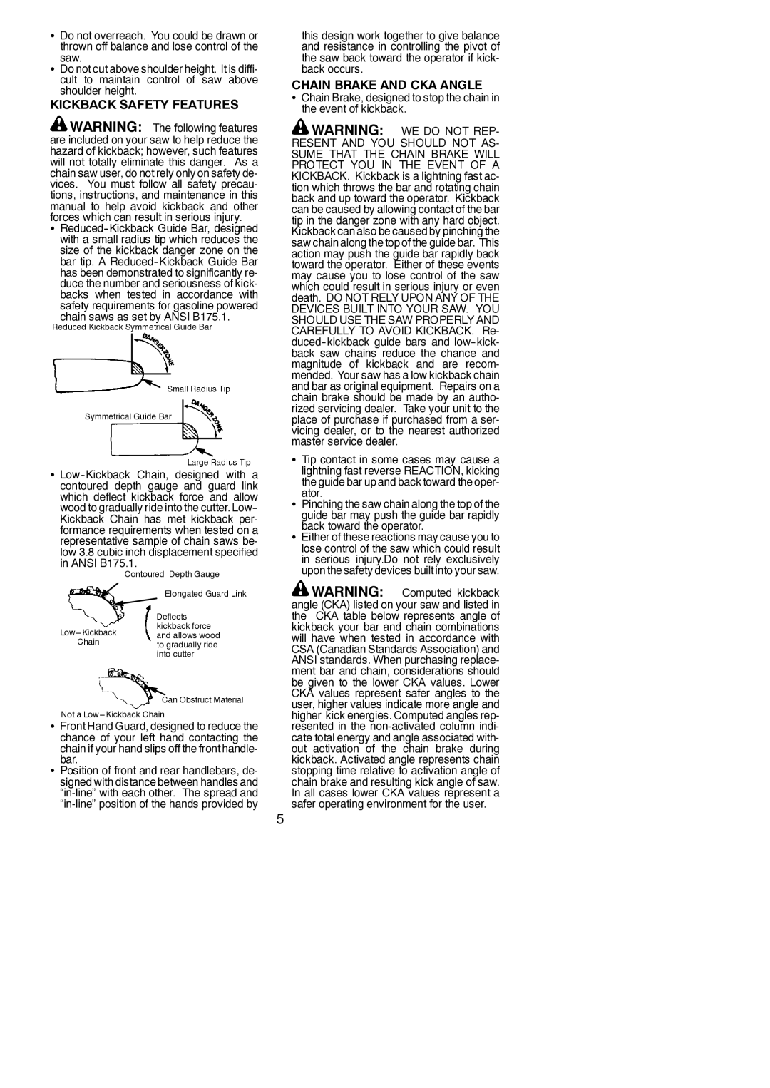 Poulan 545047502 instruction manual Kickback Safety Features, Chain Brake and CKA Angle, Chain saws as set by Ansi B175.1 