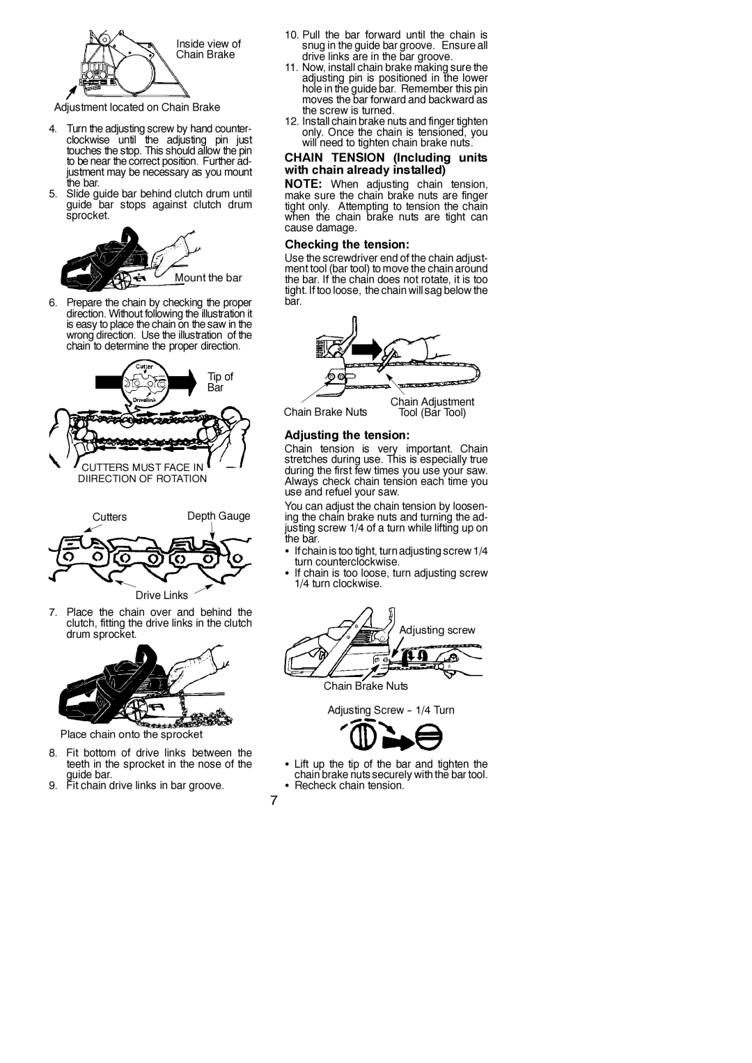 Poulan 545047502 Adjusting the tension, Inside view Chain Brake Adjustment located on Chain Brake, Tip Bar, Cutters 