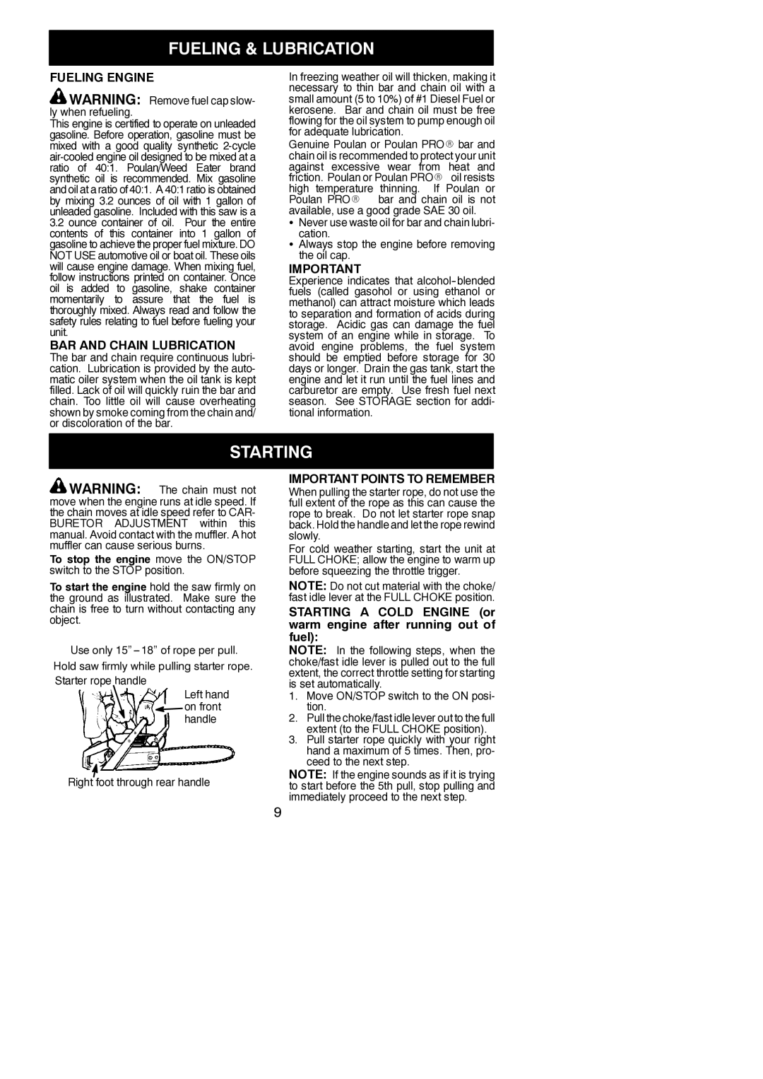 Poulan 545047502 Fueling & Lubrication, Starting, Fueling Engine, BAR and Chain Lubrication, Important Points to Remember 