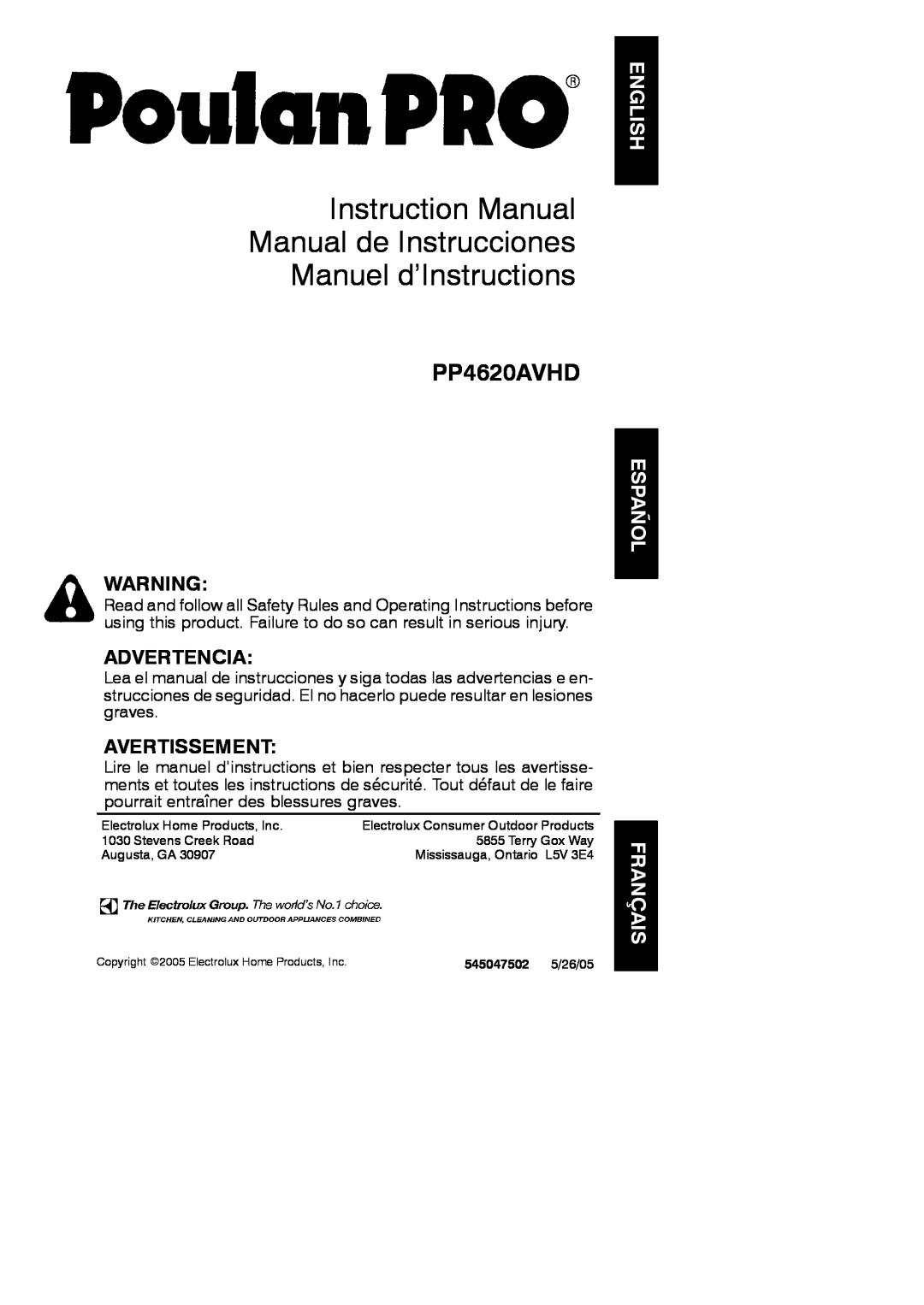 Poulan 545047502 instruction manual English, Español Français, PP4620AVHD, Advertencia, Avertissement 