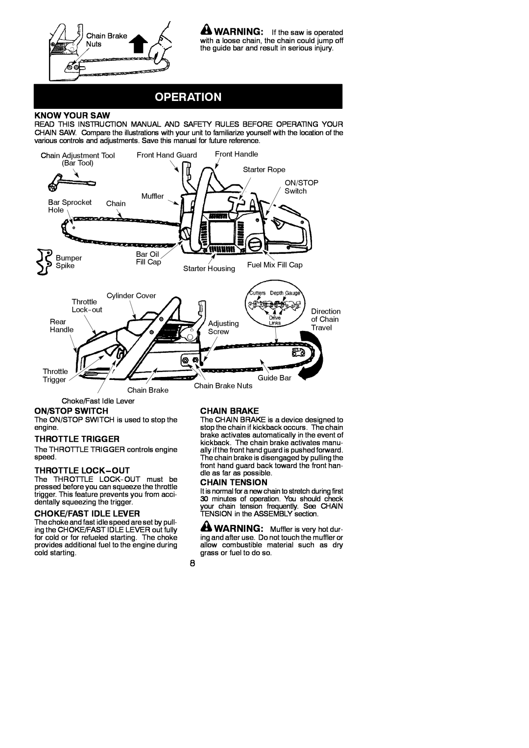 Poulan 545047502 Operation, Know Your Saw, On/Stop Switch, Throttle Trigger, Throttle Lock---Out, Choke/Fast Idle Lever 