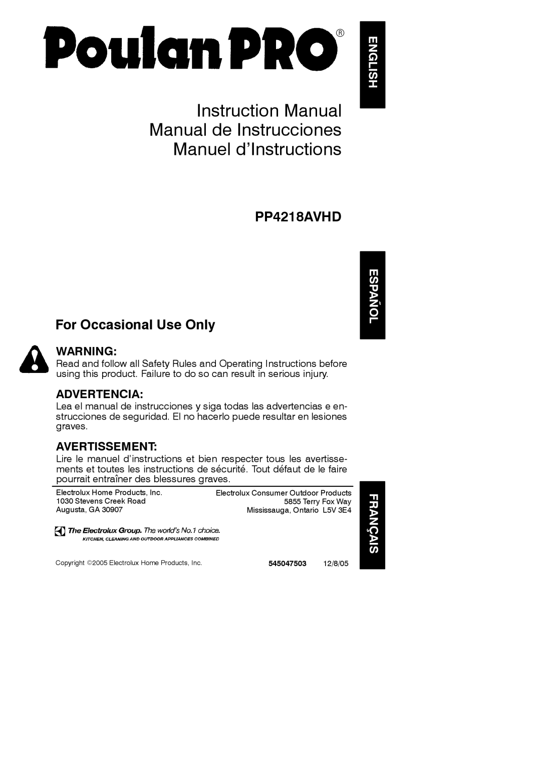 Poulan 545047503 instruction manual Electrolux Home Products, Inc, 12/8/05 