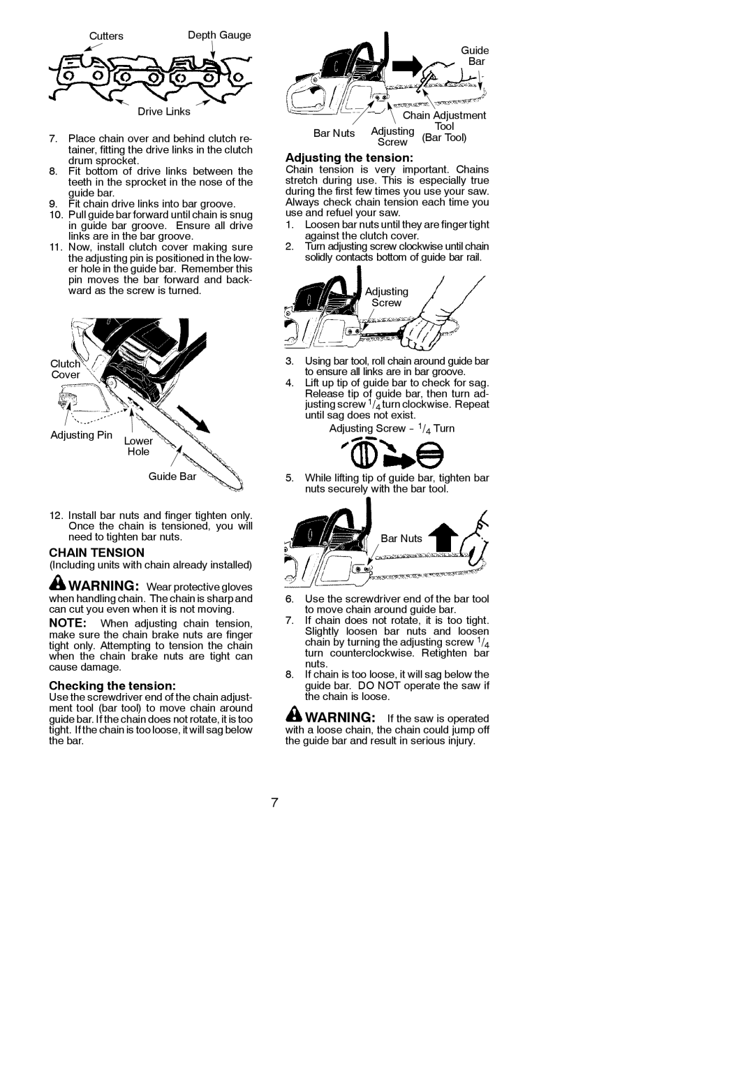 Poulan 545047503 instruction manual Chain Tension, Checking the tension, Adjusting the tension, Cutters, Adjusting Screw 