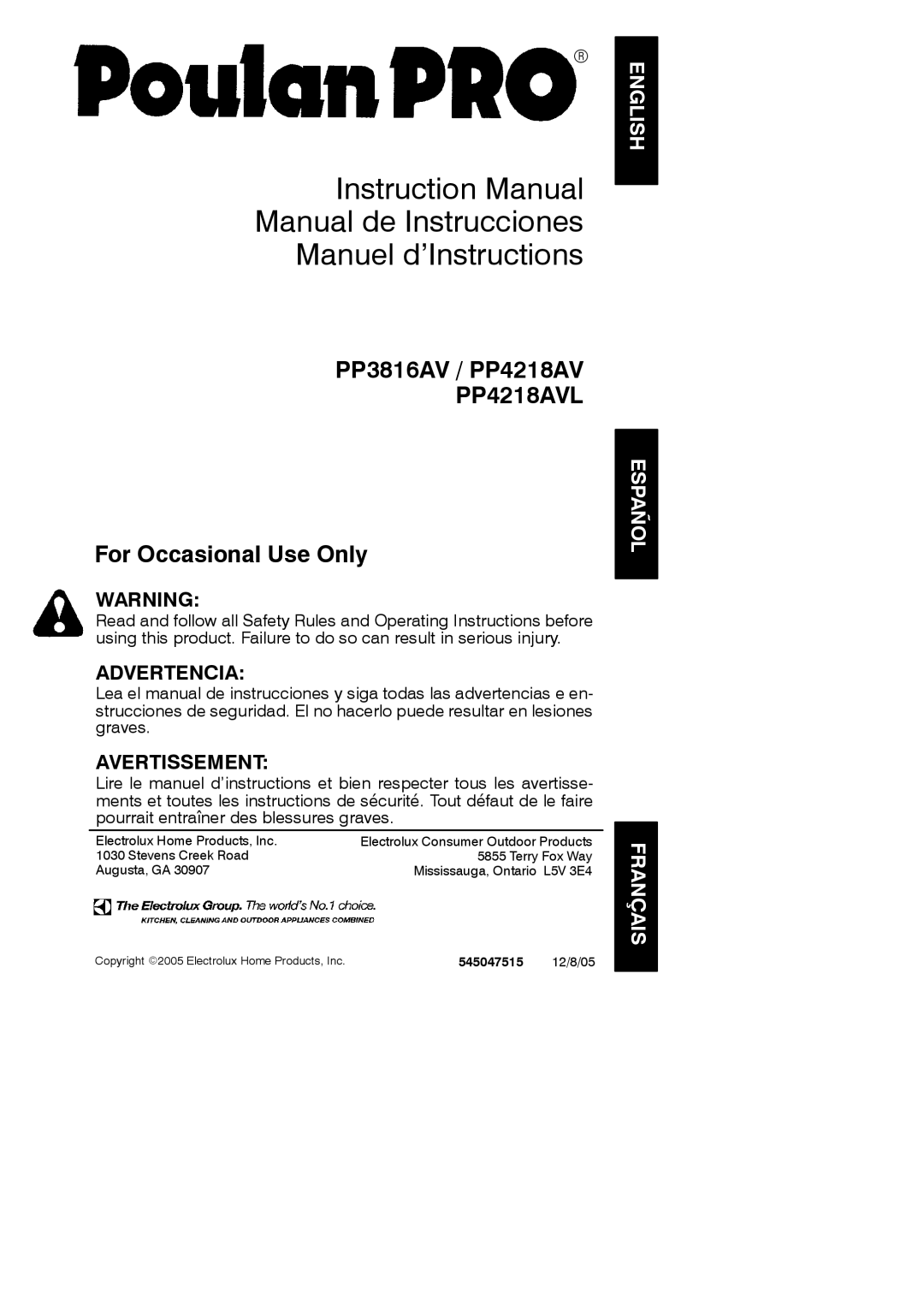 Poulan 545047515 instruction manual PP4218AVL, 12/8/05 