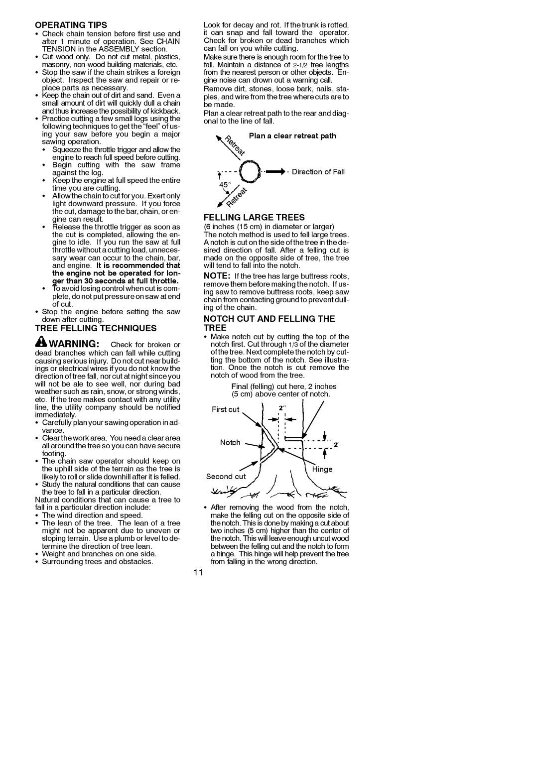 Poulan 545047515 Operating Tips, Tree Felling Techniques, Felling Large Trees, Notch CUT and Felling the Tree 