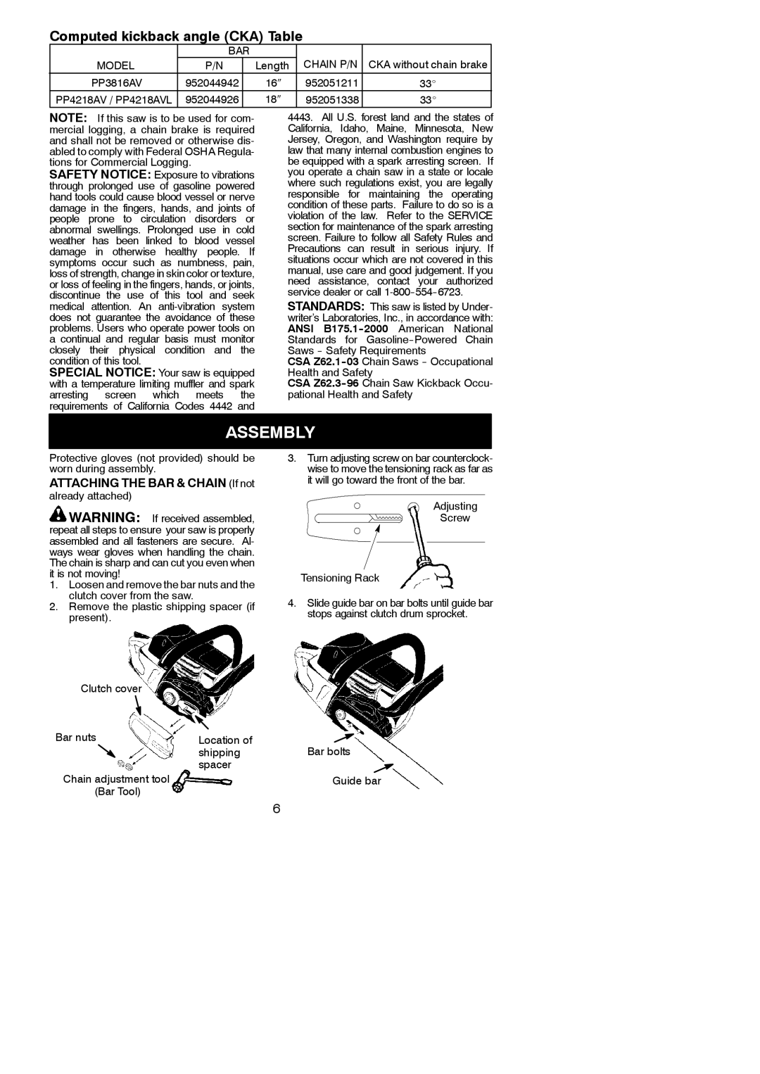 Poulan 545047515 instruction manual Assembly, Attaching the BAR & Chain If not, Adjusting Screw Tensioning Rack 