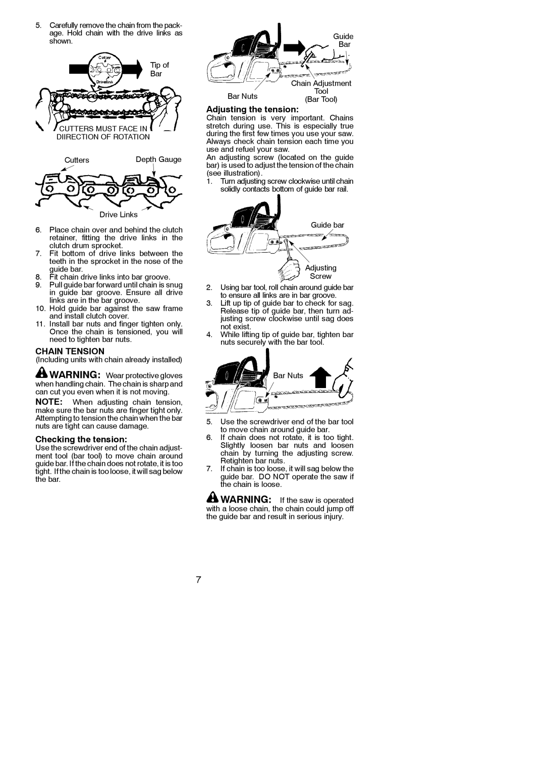 Poulan 545047515 instruction manual Chain Tension, Checking the tension, Adjusting the tension 