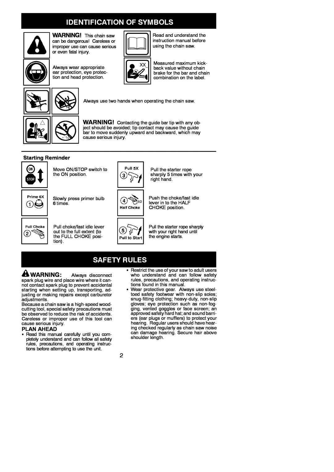 Poulan 545047515 instruction manual Identification Of Symbols, Safety Rules, Starting Reminder, Plan Ahead 