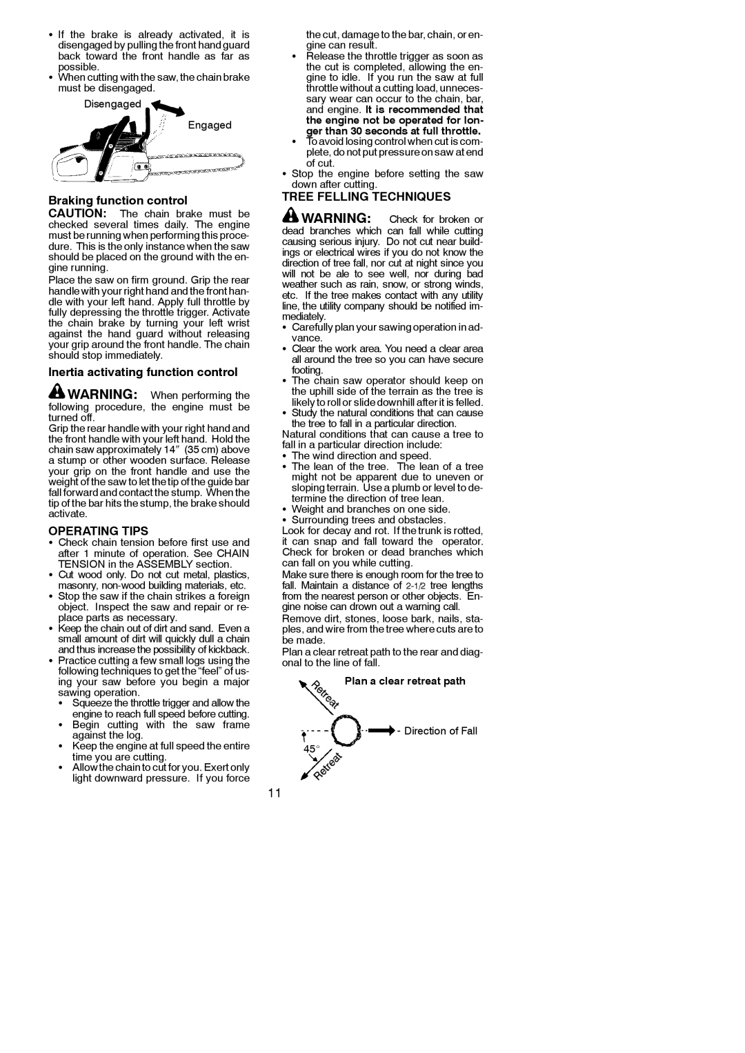 Poulan 545047535 Braking function control Caution The chain brake must be, Inertia activating function control 