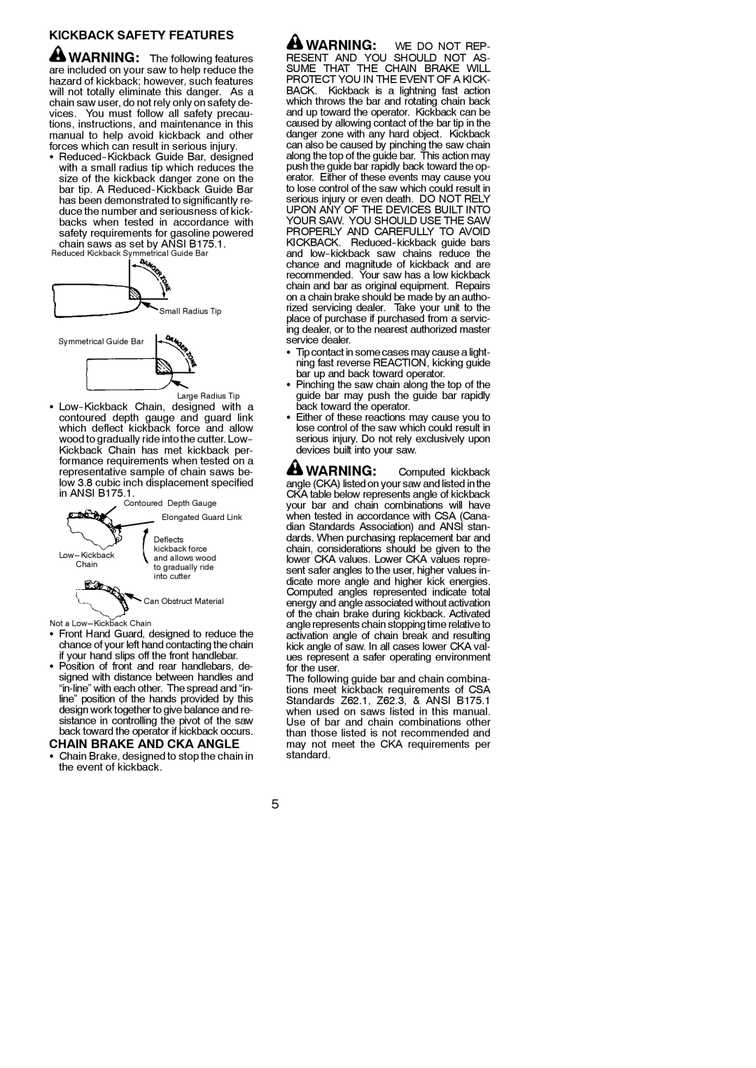 Poulan 545047535 instruction manual Kickback Safety Features, Chain Brake and CKA Angle, Chain saws as set by Ansi B175.1 