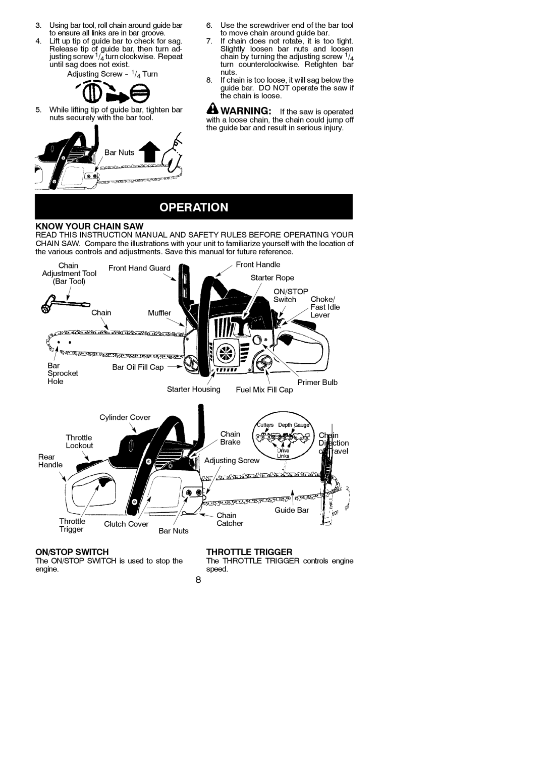 Poulan 545047535 instruction manual Operation, Know Your Chain SAW, ON/STOP Switch Throttle Trigger, On/Stop 