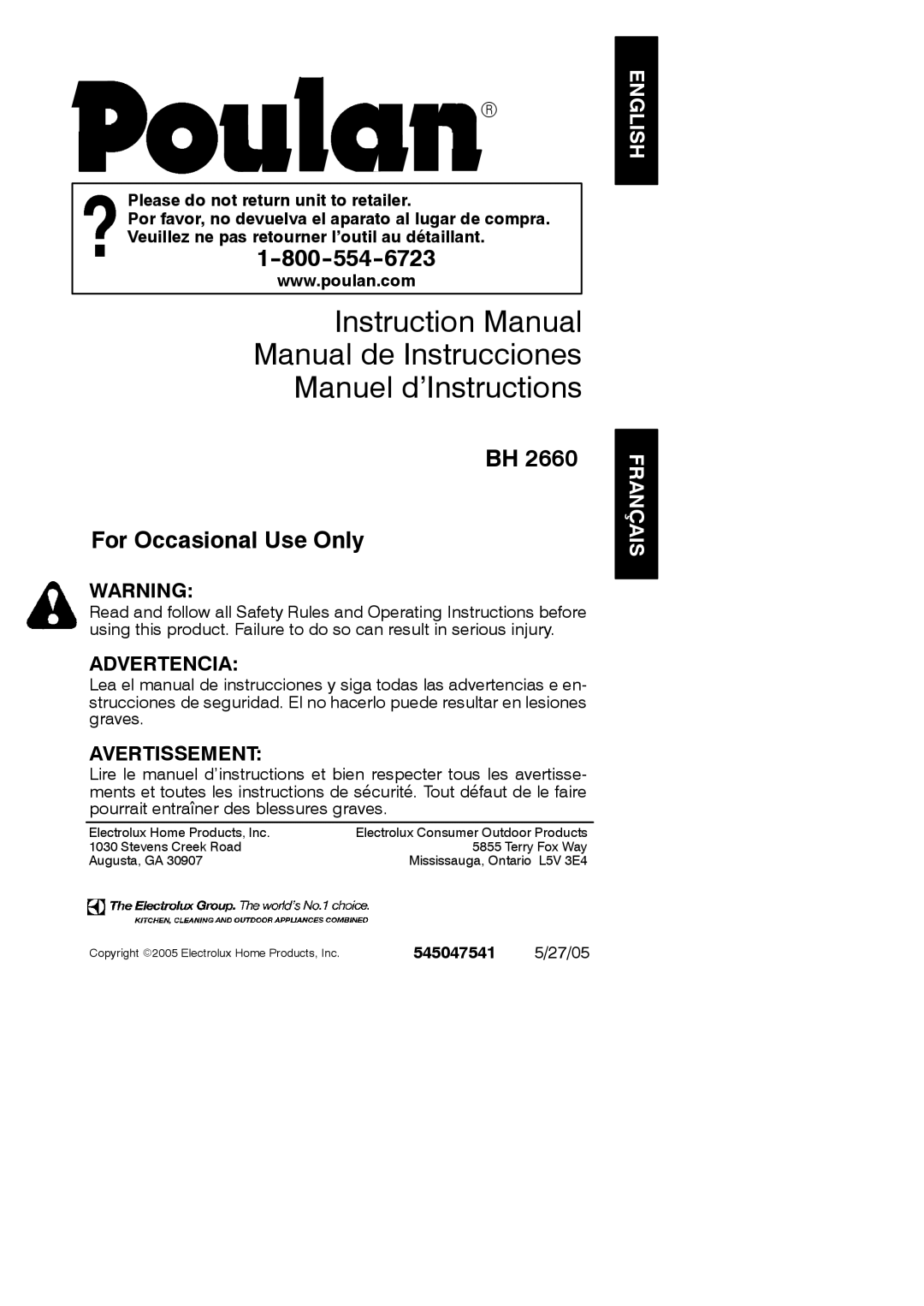 Poulan 545047541 instruction manual Manual de Instrucciones Manuel d’Instructions, English Français 