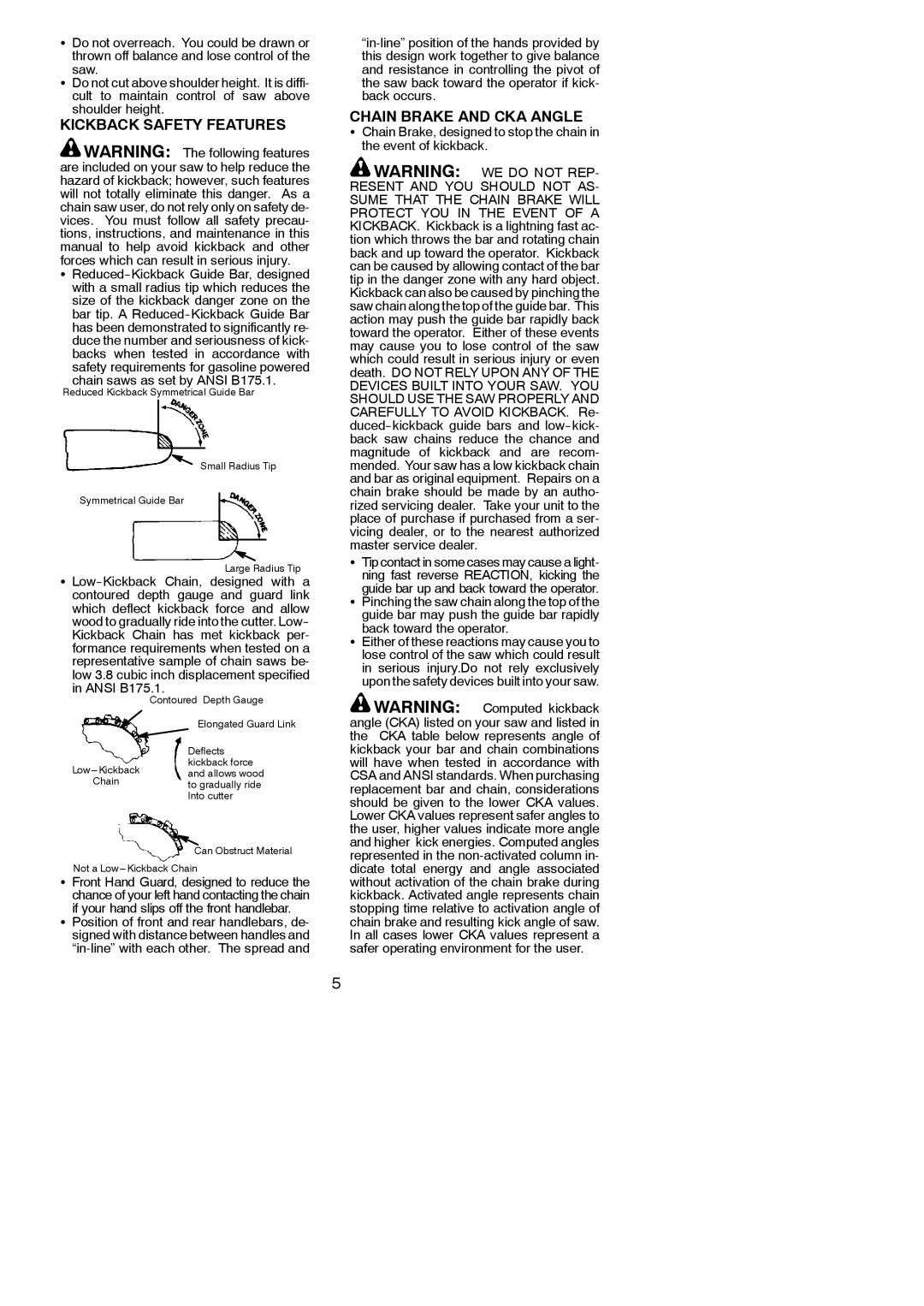 Poulan 545047541 instruction manual Kickback Safety Features, Chain Brake and CKA Angle, Chain saws as set by Ansi B175.1 