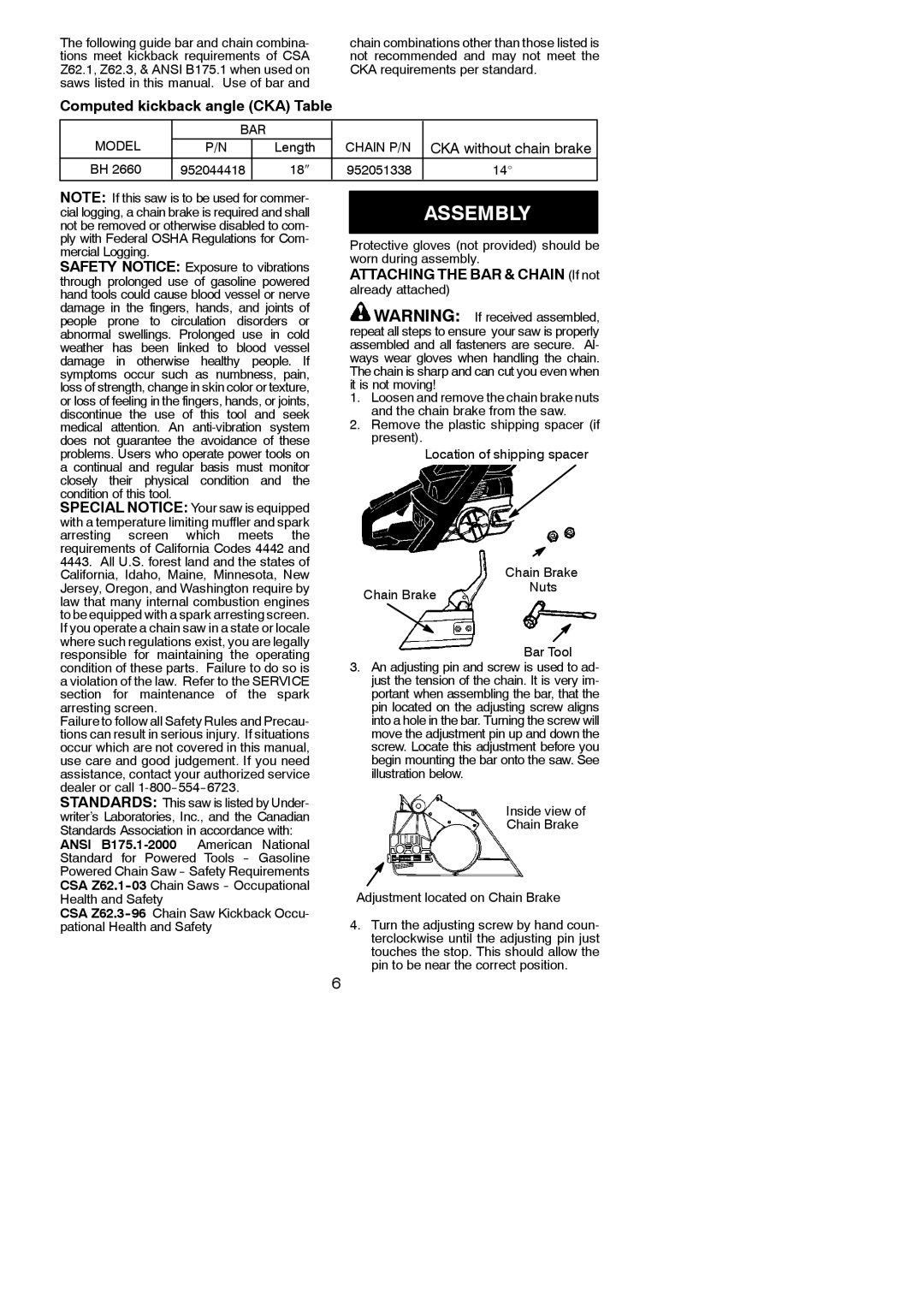 Poulan 545047541 Assembly, Computed kickback angle CKA Table, Inside view Chain Brake Adjustment located on Chain Brake 