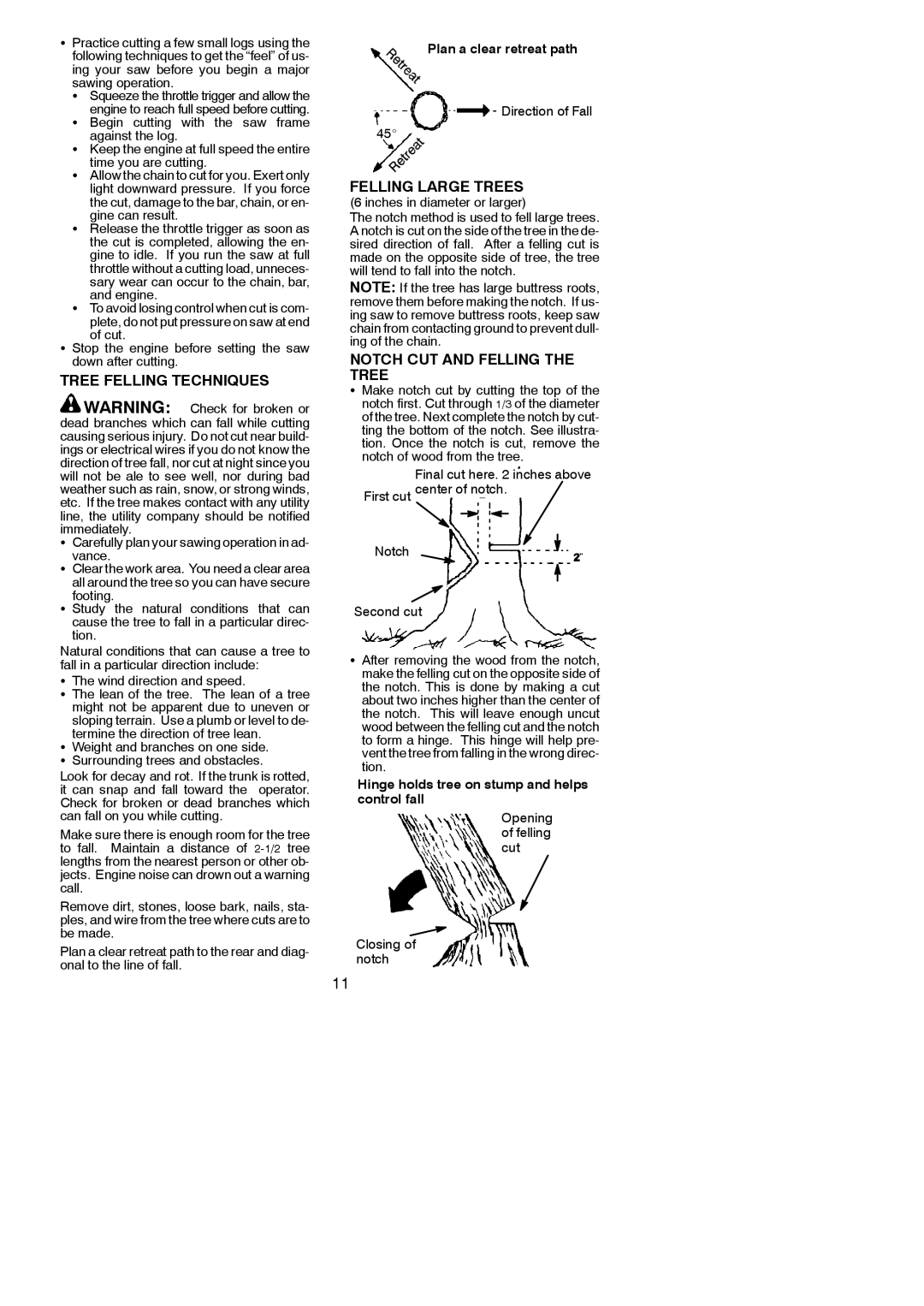 Poulan 545047542 instruction manual Tree Felling Techniques, Felling Large Trees, Notch CUT and Felling the Tree, Vance 