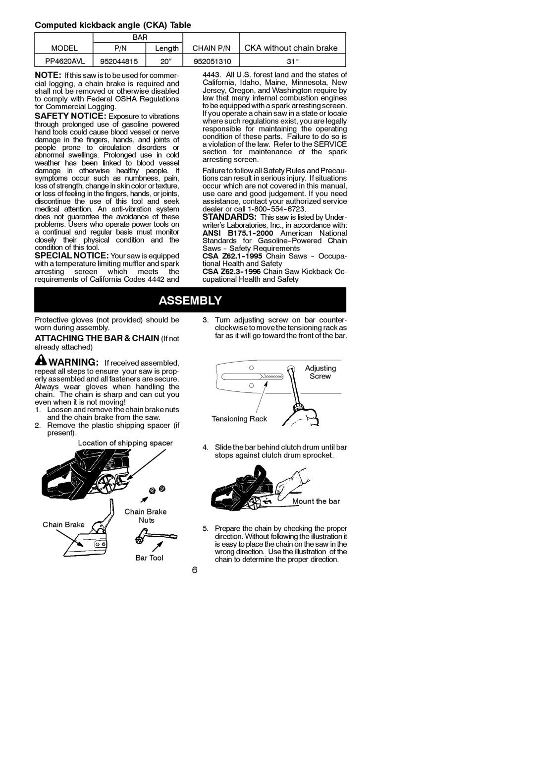 Poulan 545047542 instruction manual Assembly, Computed kickback angle CKA Table, Attaching the BAR & Chain If not 