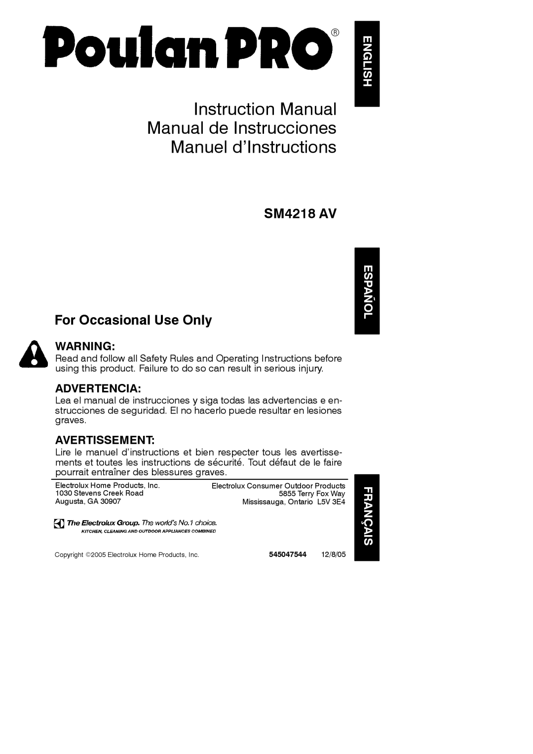 Poulan 545047544 instruction manual SM4218 AV For Occasional Use Only, 12/8/05 