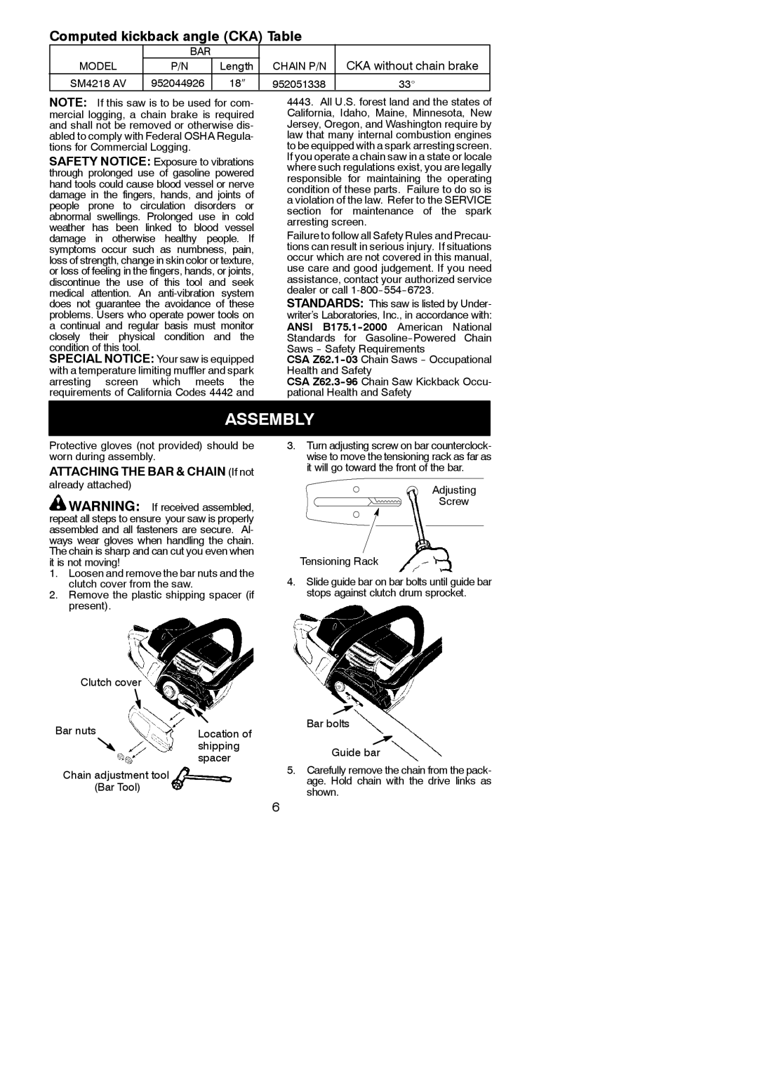 Poulan 545047544 instruction manual Assembly, Attaching the BAR & Chain If not, Adjusting Screw Tensioning Rack 