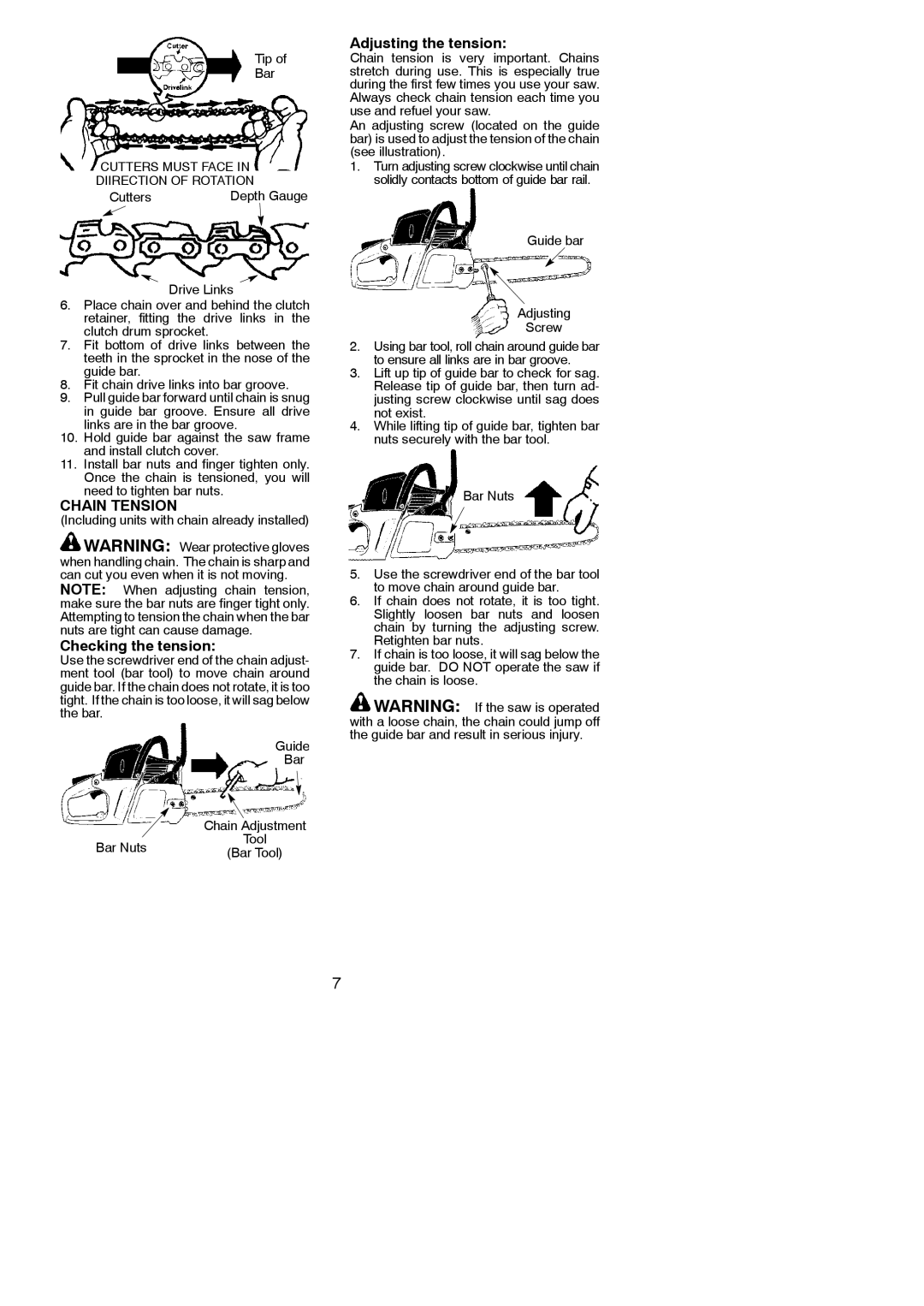 Poulan 545047544 instruction manual Chain Tension, Checking the tension, Adjusting the tension 