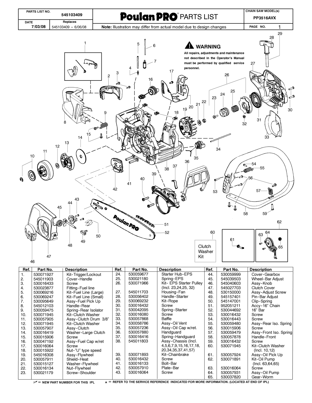 Poulan 545103409 manual Weed Eaterrrr, Partslist, Clutch Washer Kit, Ref. Part No. Description 