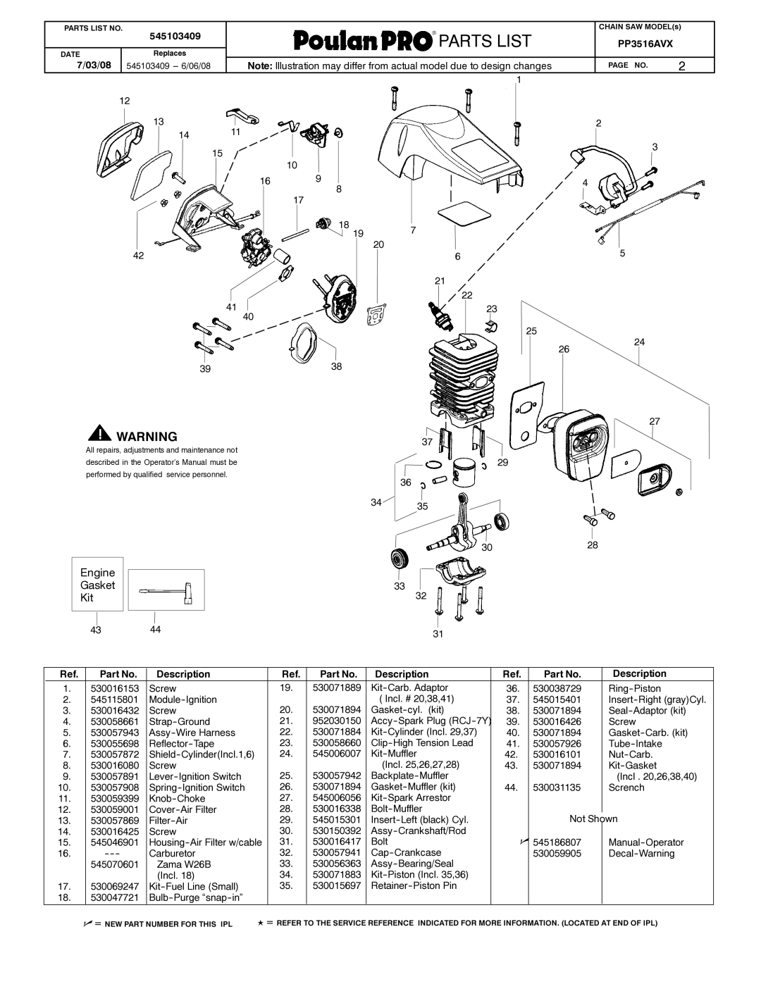 Poulan 545103409 manual Engine Gasket Kit, Description 