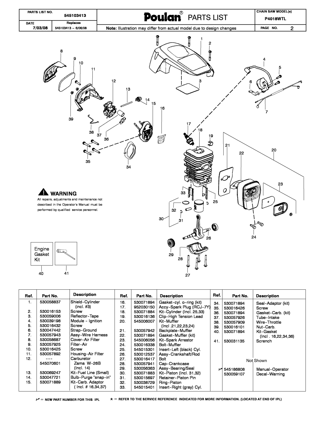 Poulan 545103413 manual Engine Gasket Kit, Description, WEED EATERRr, Partslist, Paramoupoulant, P4018WTL, 7/03/08 