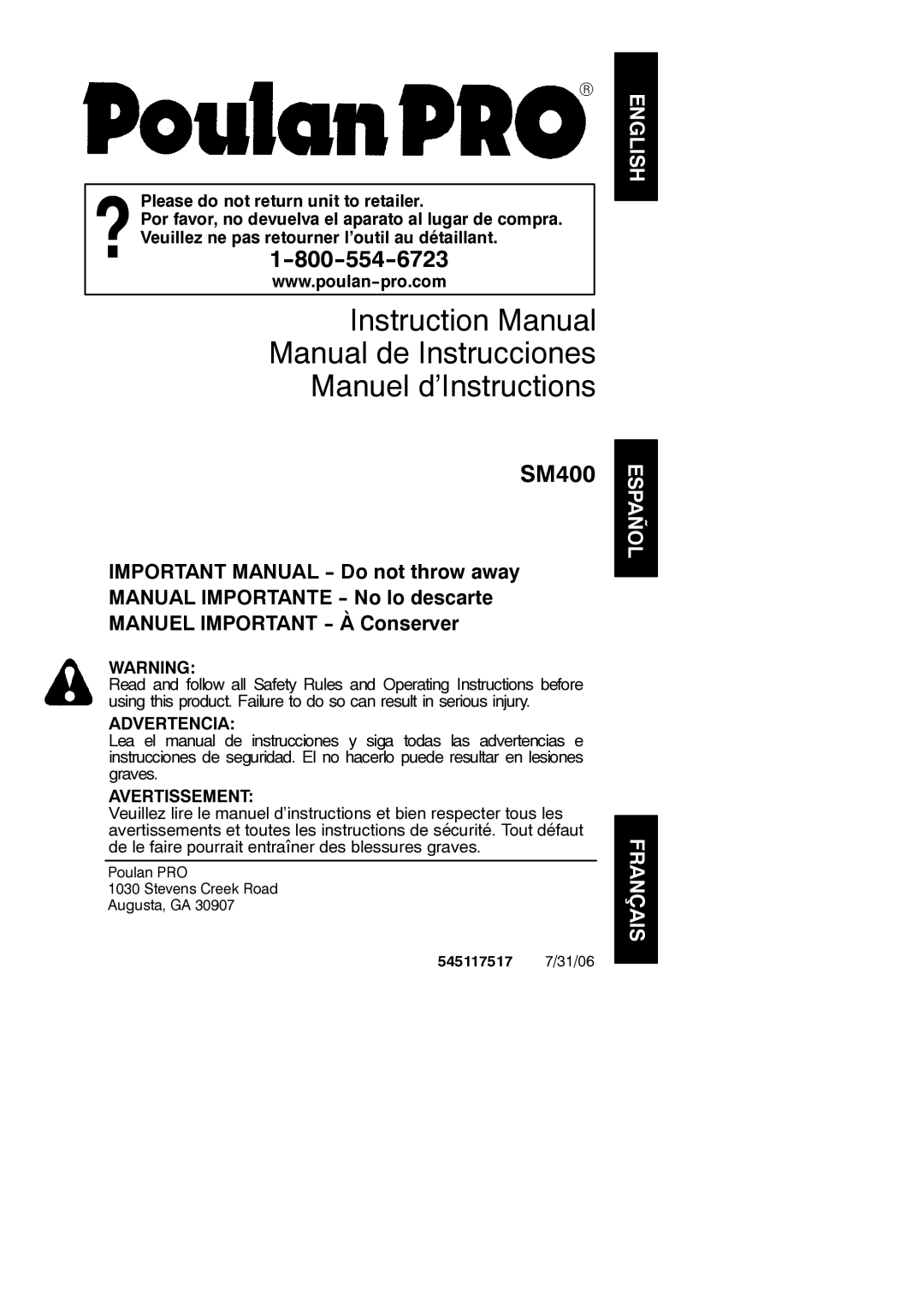 Poulan 545117517 instruction manual Manual de Instrucciones Manuel d’Instructions 