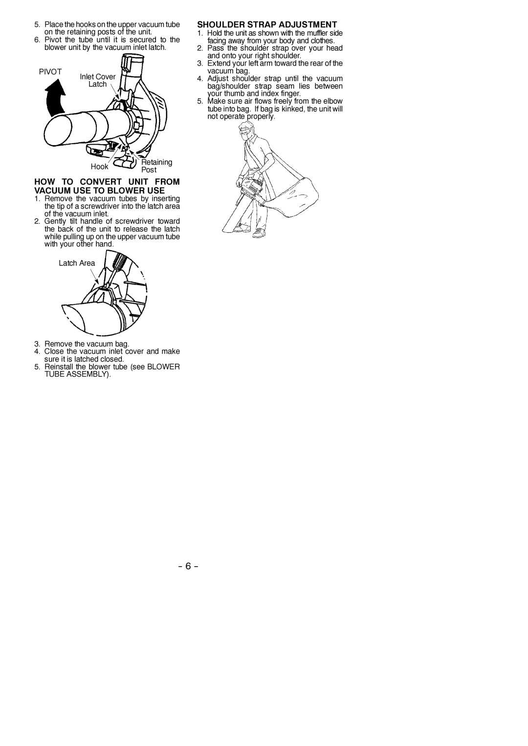 Poulan 545117517 HOW to Convert Unit from Vacuum USE to Blower USE, Shoulder Strap Adjustment, Hook Retaining Post 