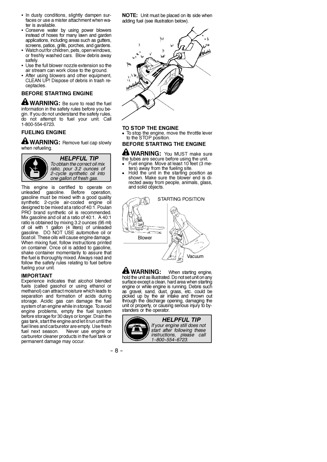 Poulan 545117517 Before Starting Engine Fueling Engine, To Stop the Engine, Before Starting the Engine, Blower Vacuum 