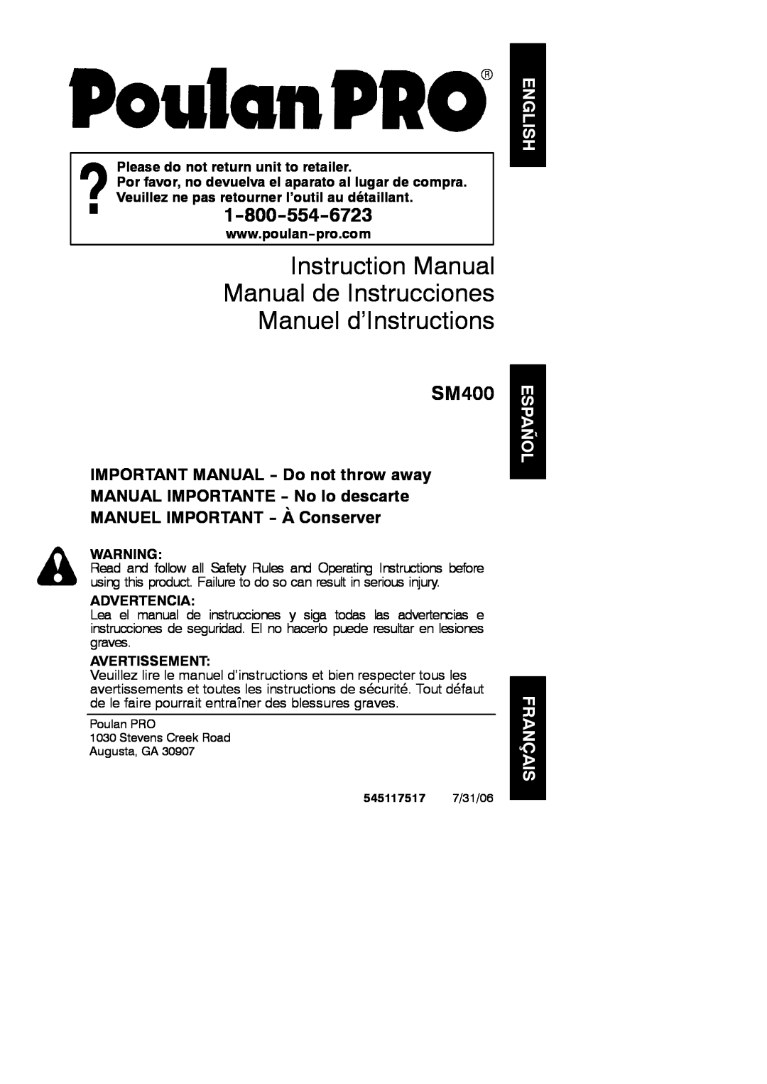 Poulan 545117517 instruction manual English Español Français, Manuel d’Instructions, SM400, Advertencia, Avertissement 