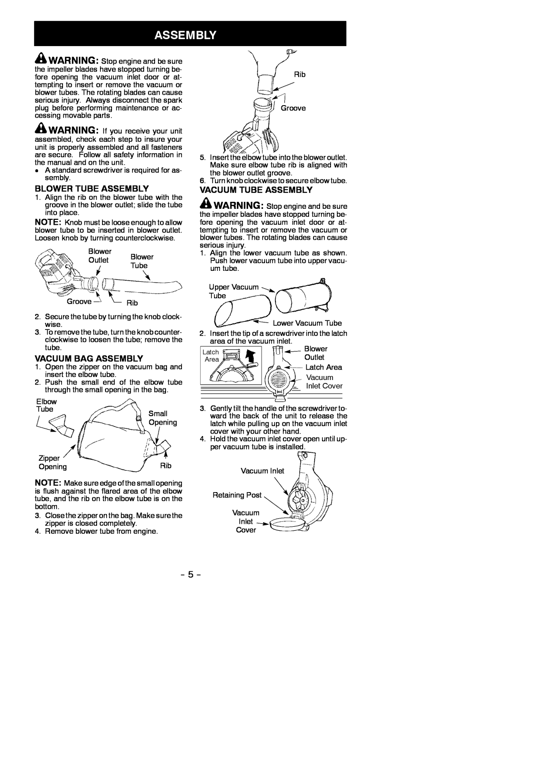 Poulan 545117517 instruction manual Blower Tube Assembly, Vacuum Bag Assembly, Vacuum Tube Assembly 