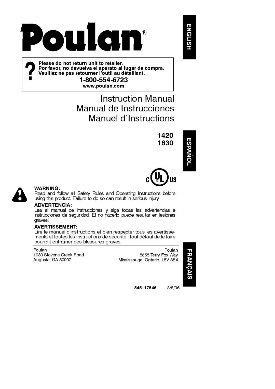 Poulan 545117546 instruction manual Español, Français 