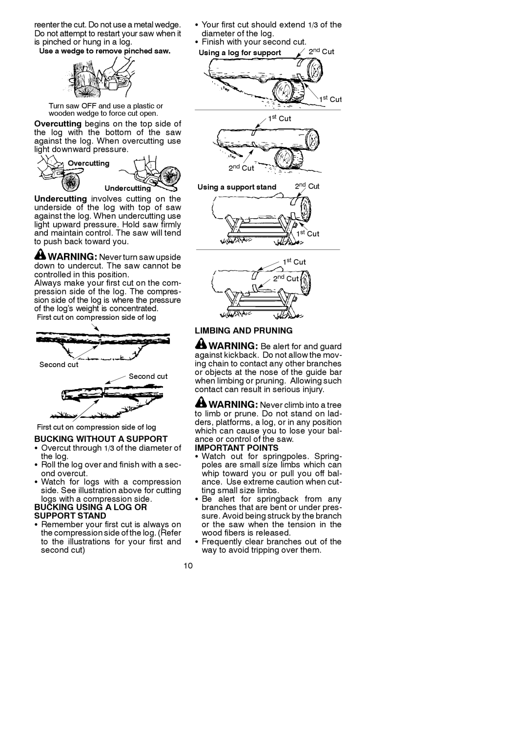 Poulan 545117546 Bucking Without a Support, Bucking Using a LOG or Support Stand, Limbing and Pruning Important Points 