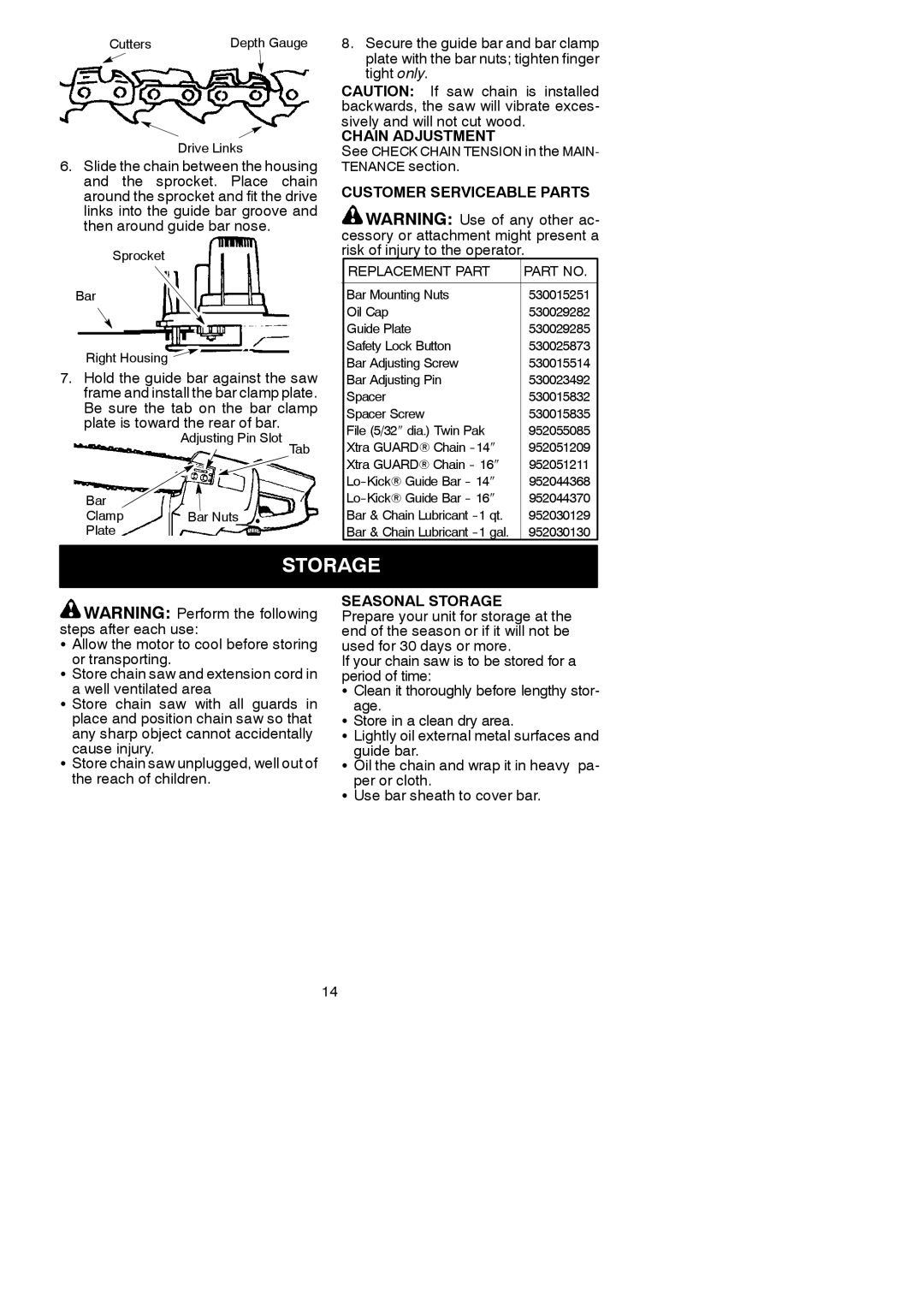 Poulan 545117546 instruction manual Chain Adjustment, Customer Serviceable Parts, Seasonal Storage 