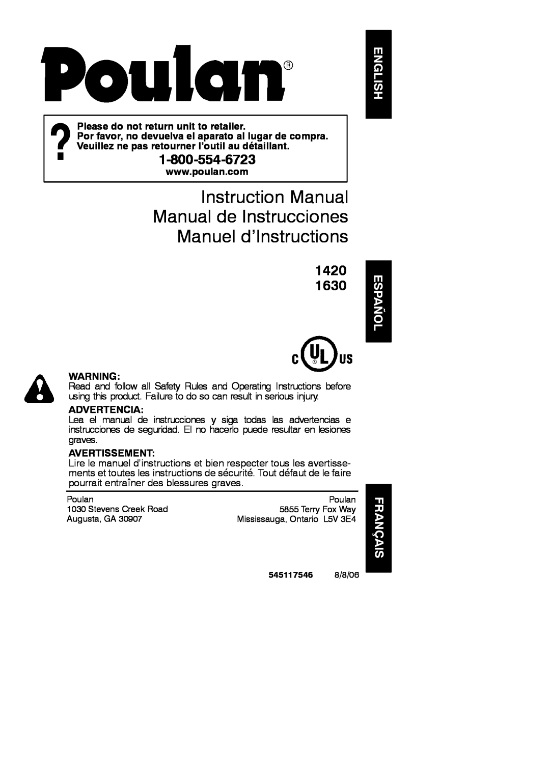 Poulan 545117546 instruction manual Español, Français, 1420, Please do not return unit to retailer, Advertencia 