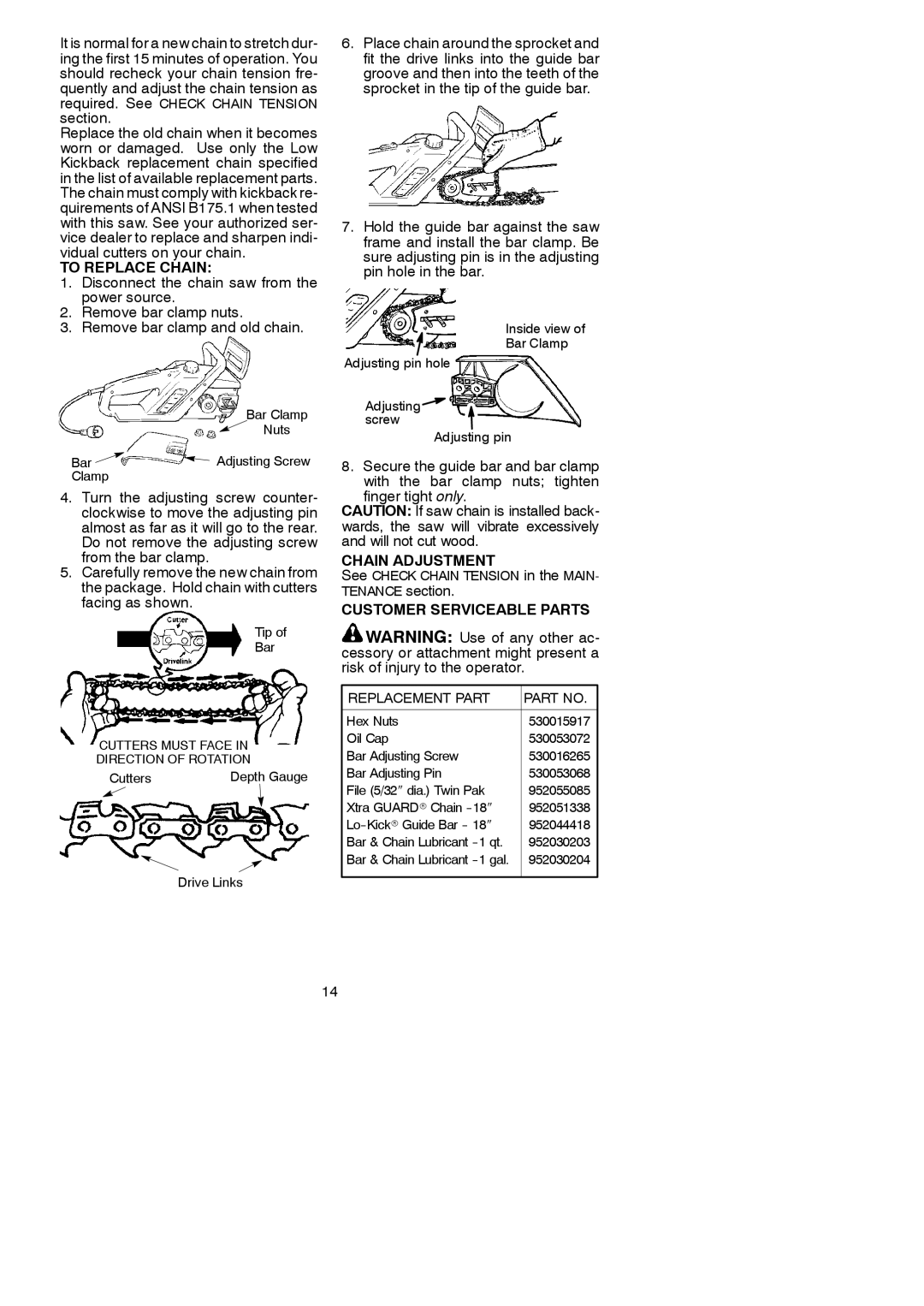 Poulan 545117548 instruction manual To Replace Chain, Chain Adjustment, Customer Serviceable Parts 