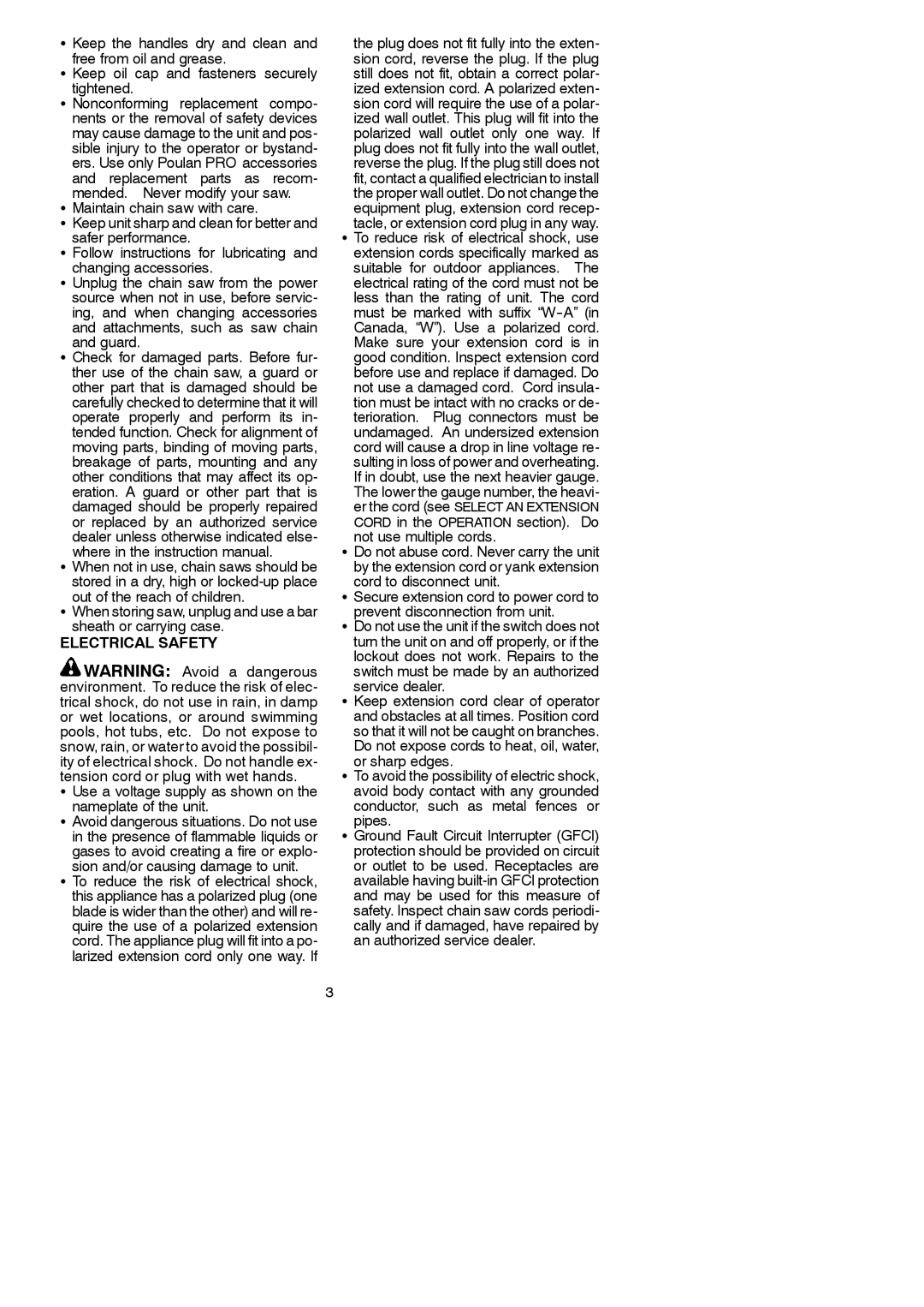 Poulan 545117548 instruction manual Electrical Safety, Use a voltage supply as shown on the nameplate of the unit 