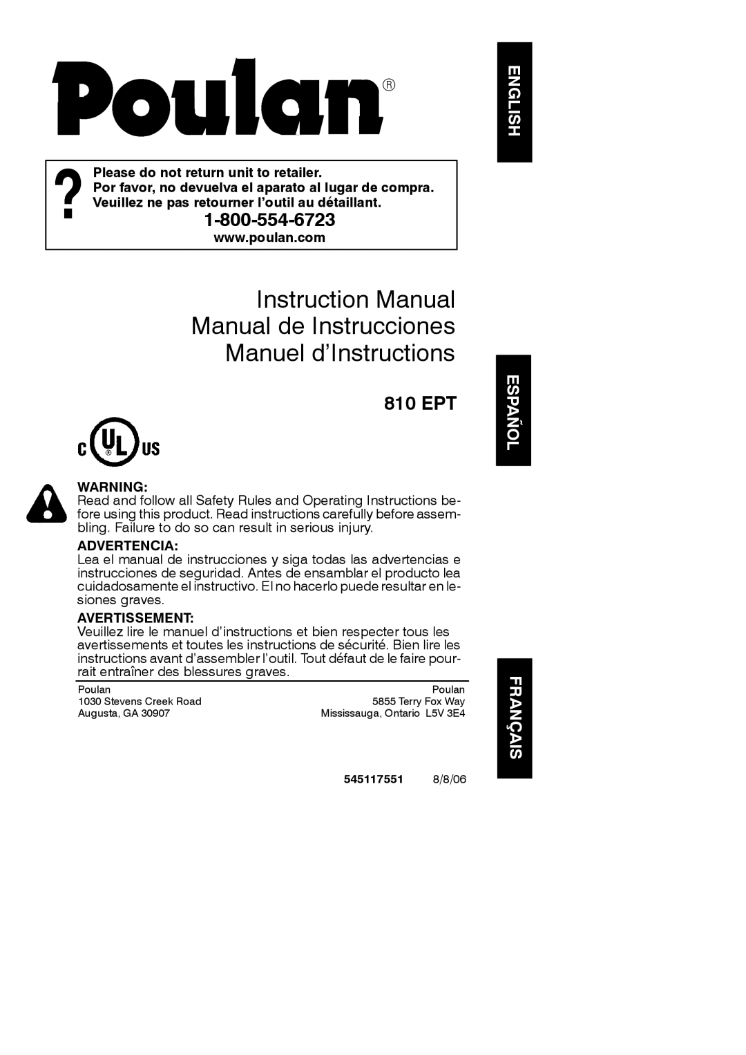 Poulan 545117551 instruction manual Manual de Instrucciones Manuel d’Instructions 