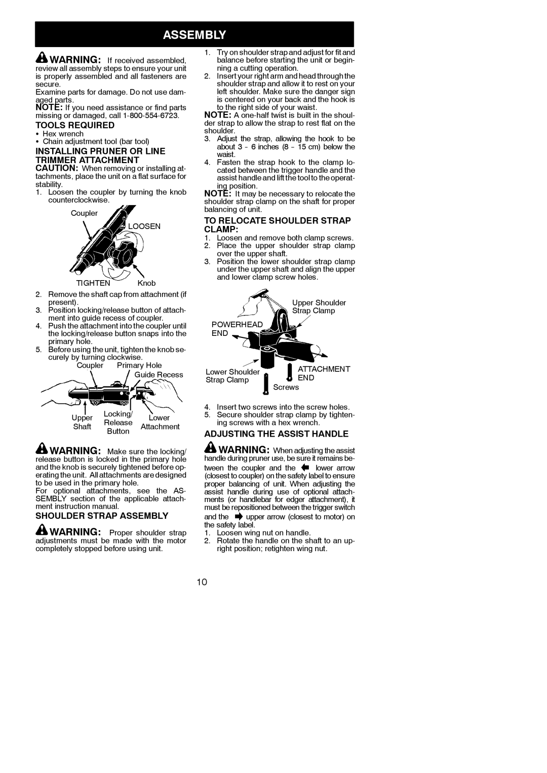 Poulan 545117551 instruction manual Tools Required, Shoulder Strap Assembly, To Relocate Shoulder Strap Clamp 