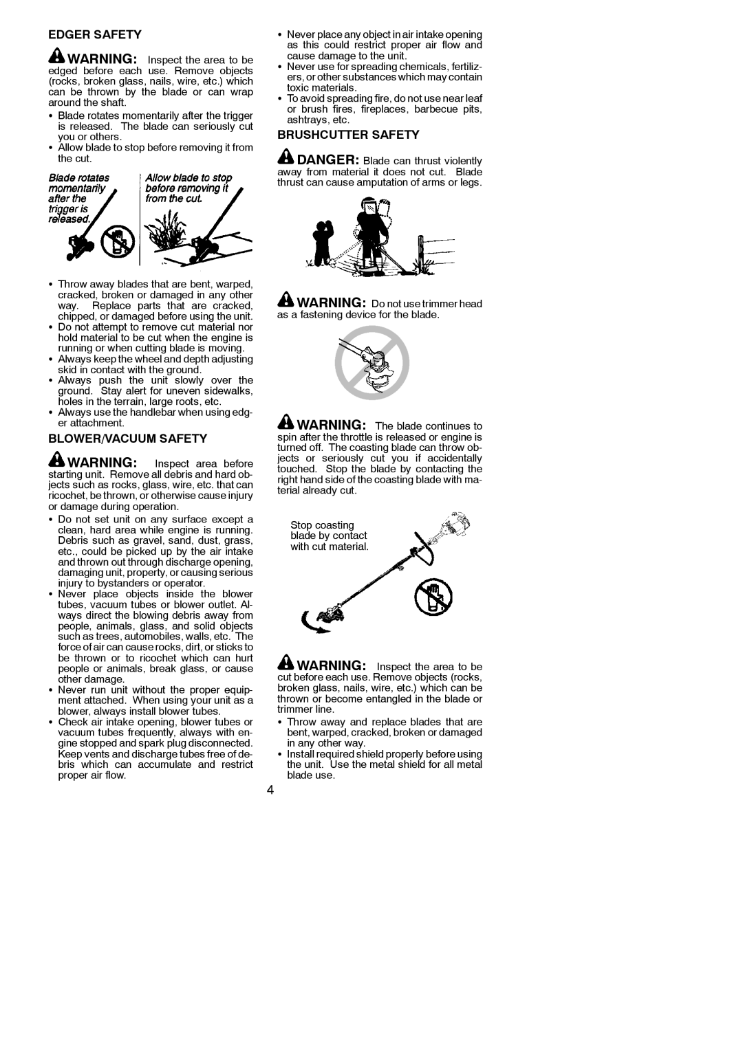 Poulan 545123423 instruction manual Edger Safety, BLOWER/VACUUM Safety, Brushcutter Safety, Skid in contact with the ground 