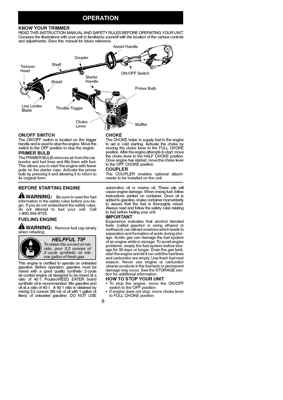 Poulan 545123423 instruction manual Operation 