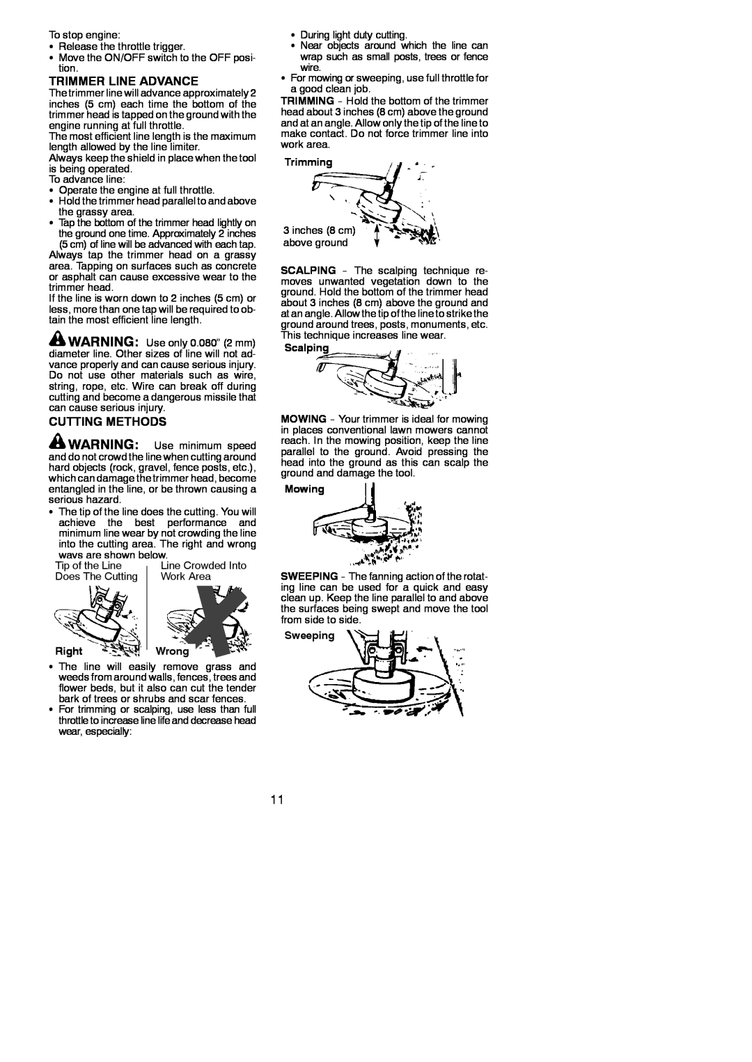 Poulan 545123423 instruction manual Trimmer Line Advance, Cutting Methods, RightWrong, Trimming, Scalping, Mowing, Sweeping 
