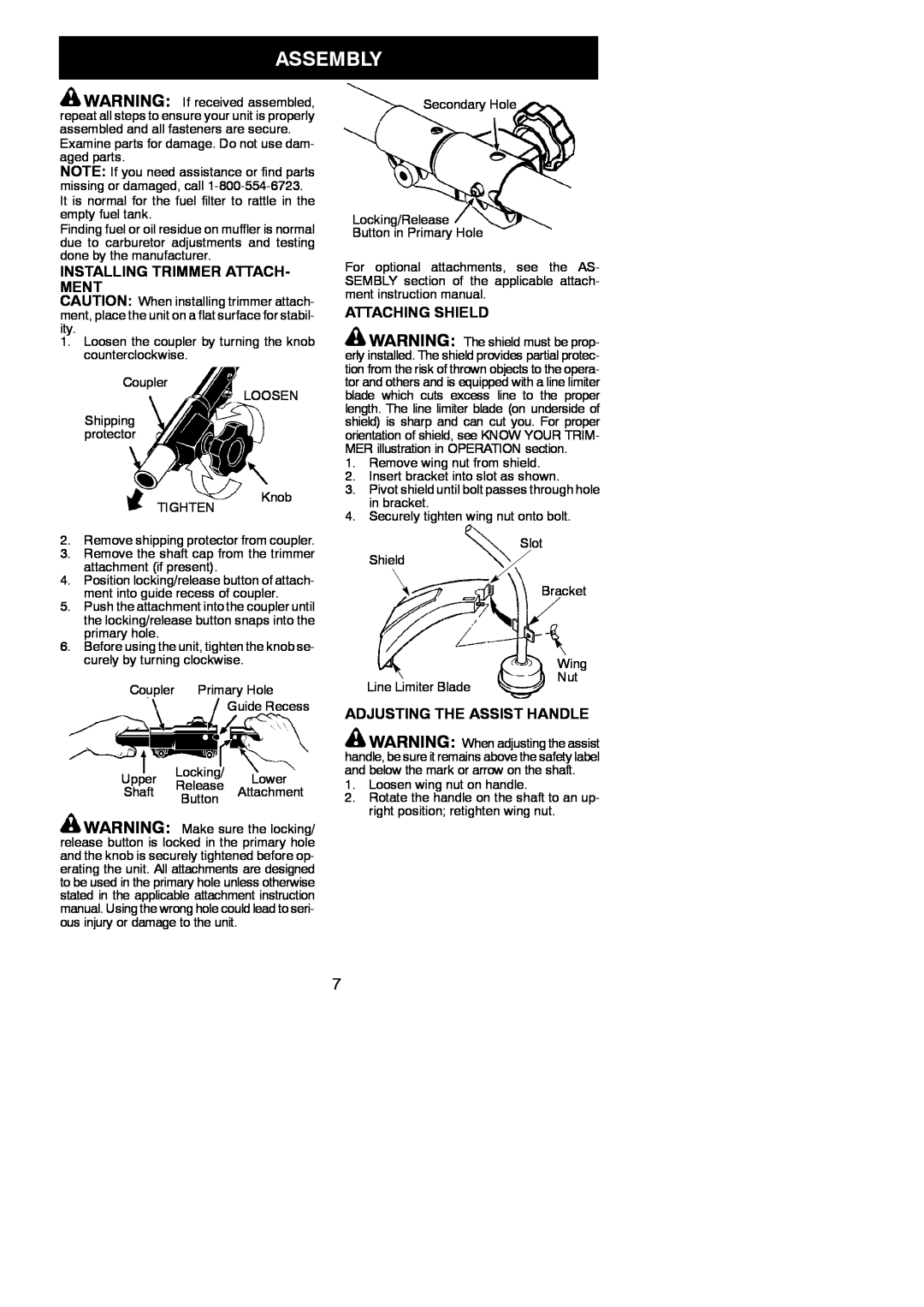 Poulan 545123423 Assembly, Installing Trimmer Attach- Ment, Attaching Shield, Adjusting The Assist Handle 