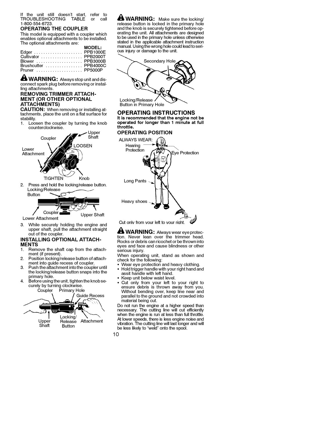 Poulan 545123431 Operating the Coupler, Removing Trimmer ATTACH- Ment or Other Optional Attachments, Operating Position 