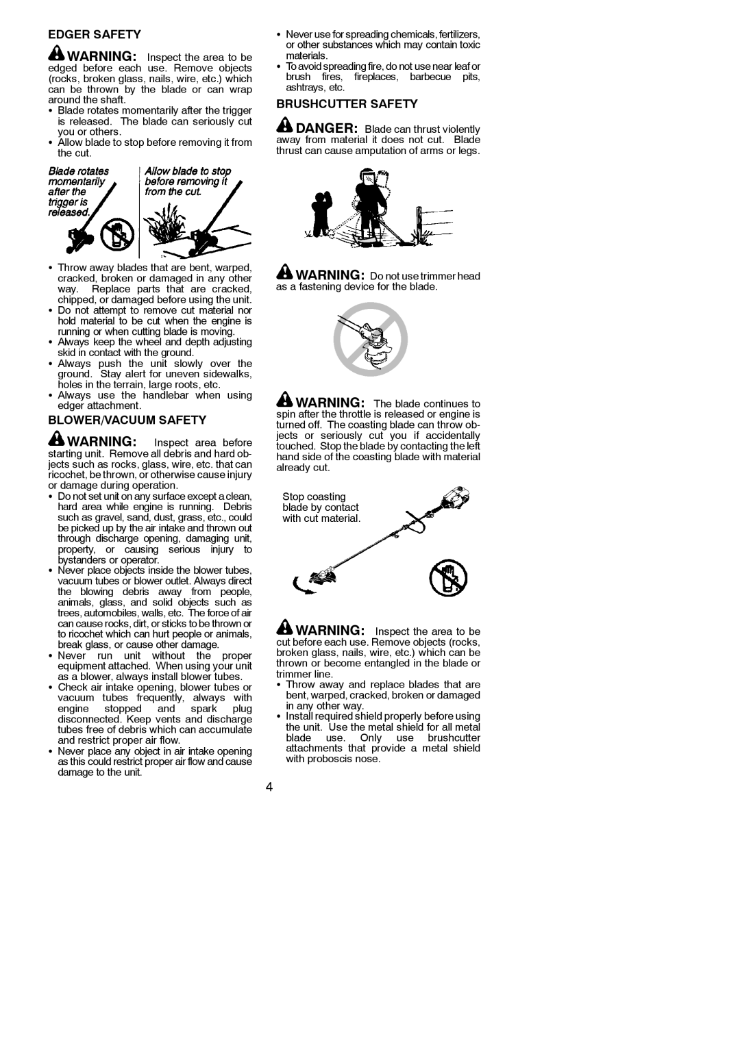 Poulan 545123431 instruction manual Edger Safety, BLOWER/VACUUM Safety, Brushcutter Safety, Bystanders or operator 